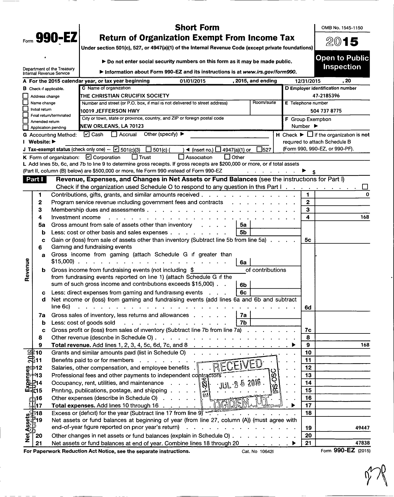 Image of first page of 2015 Form 990EZ for Christian Crucifix Society