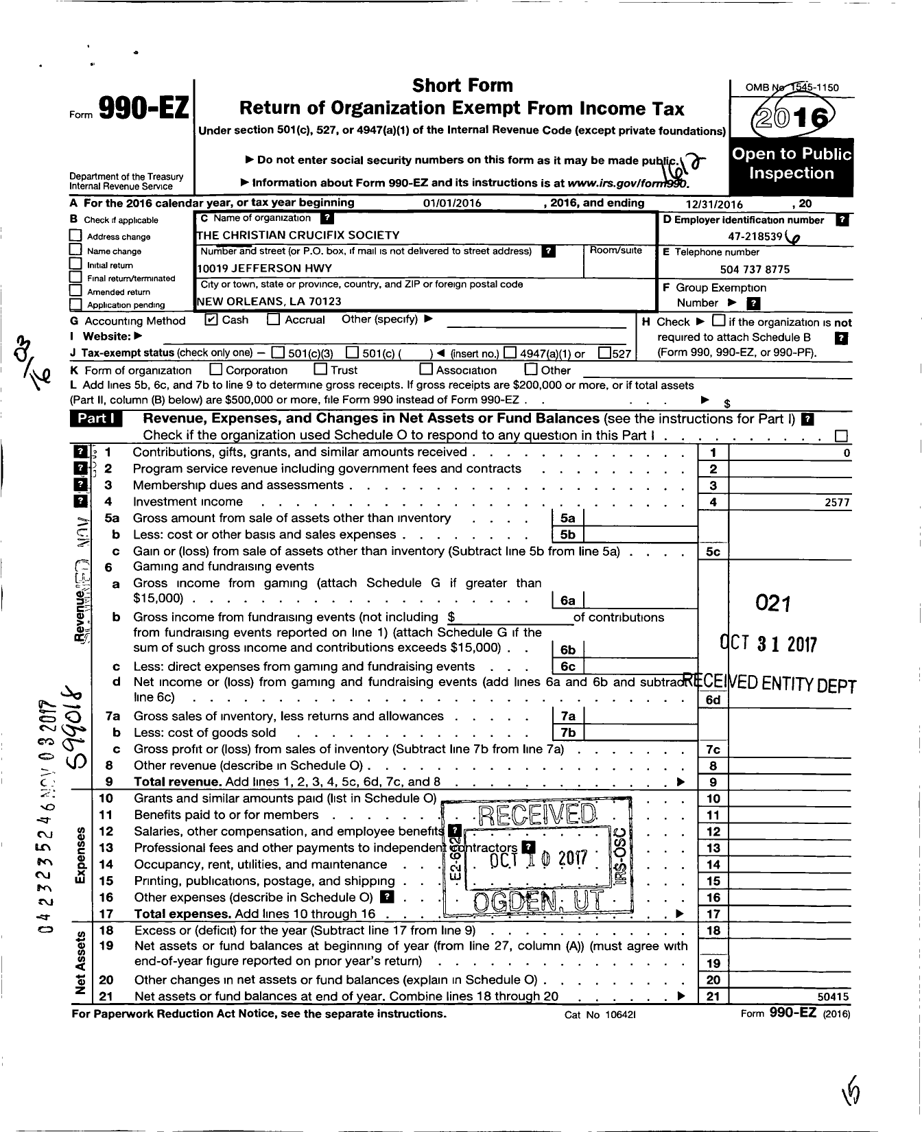 Image of first page of 2016 Form 990EZ for Christian Crucifix Society