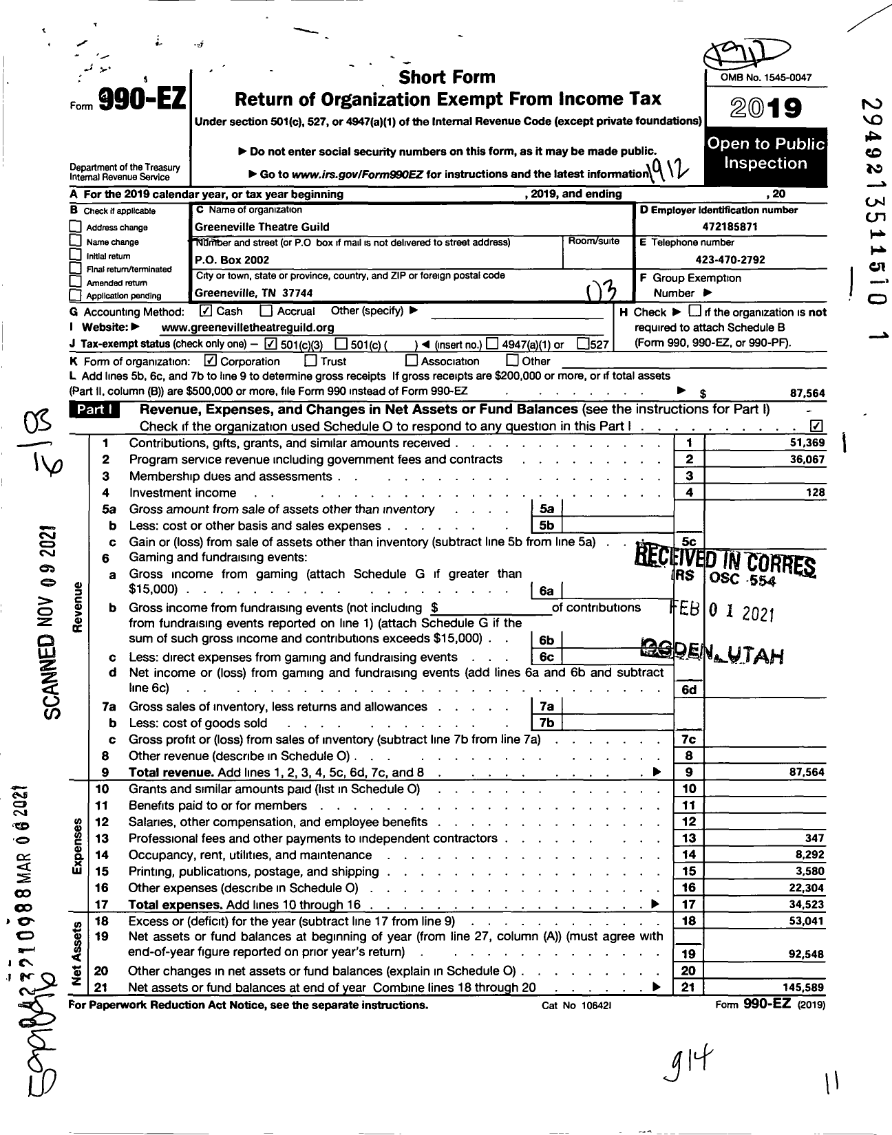 Image of first page of 2019 Form 990EZ for Greeneville Theatre Guild