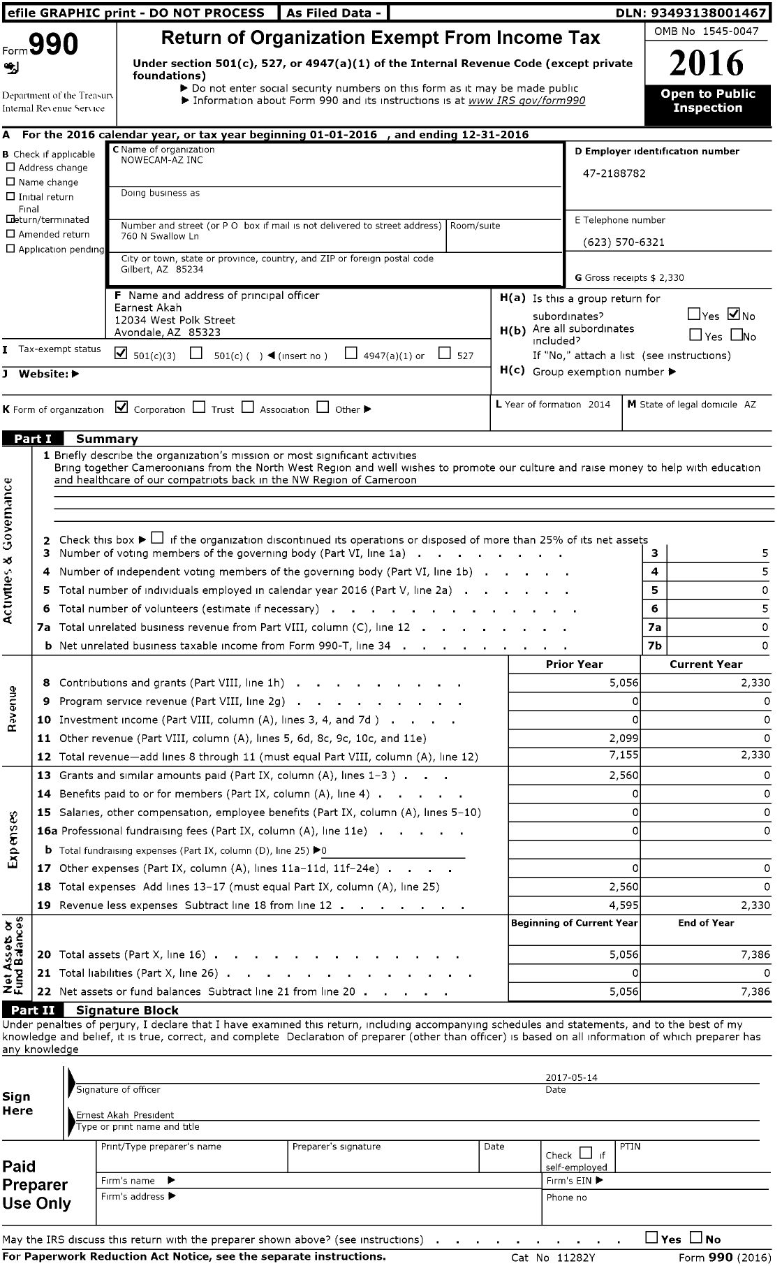 Image of first page of 2016 Form 990 for Nowecam-Az