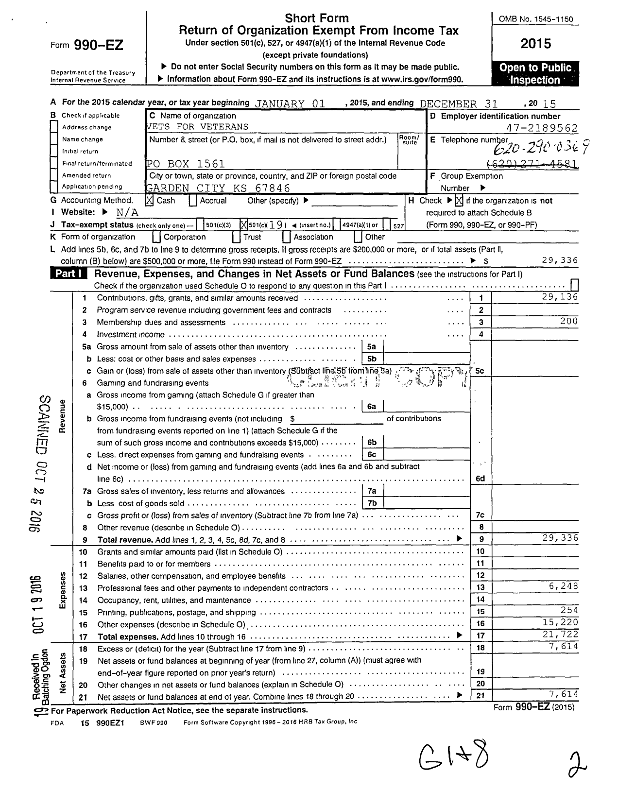 Image of first page of 2015 Form 990EO for Vets for Veterans Club