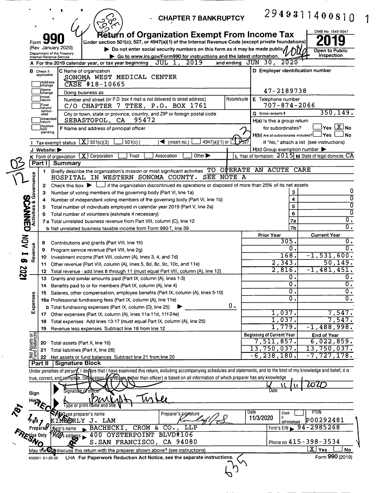 Image of first page of 2019 Form 990 for Sonoma West Medical Center Case #18-10665