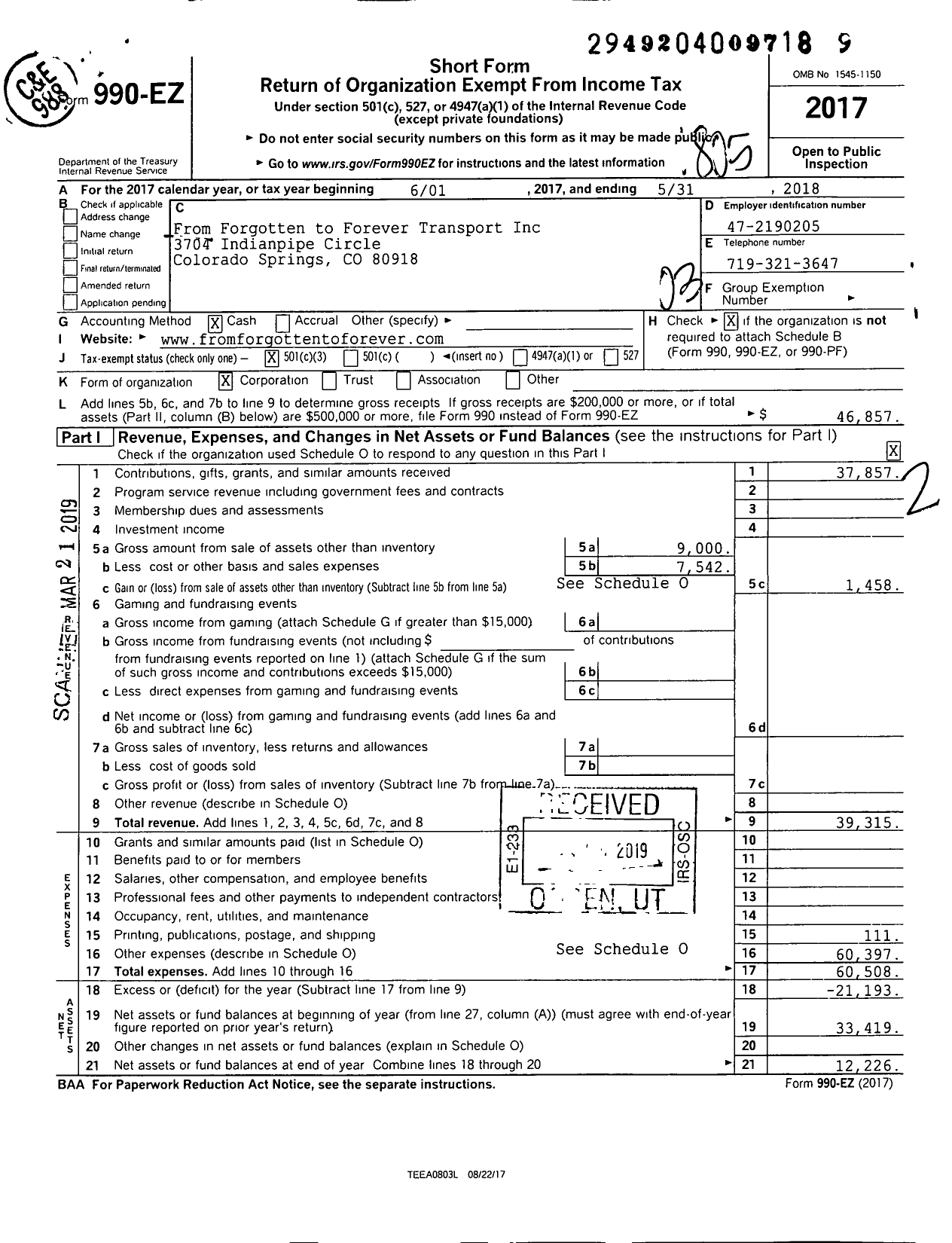 Image of first page of 2017 Form 990EZ for From Forgotten to Forever Transport