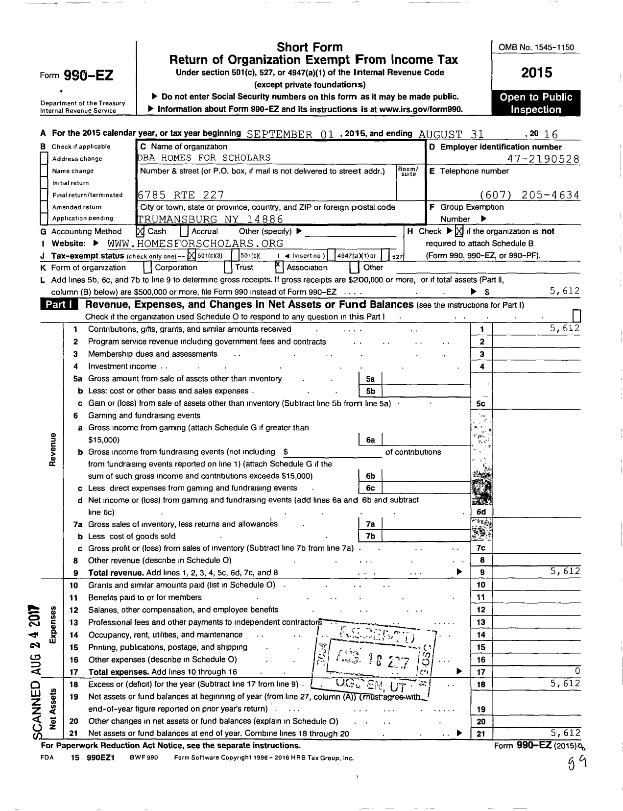 Image of first page of 2015 Form 990EZ for Homes for Scholars (HFS)