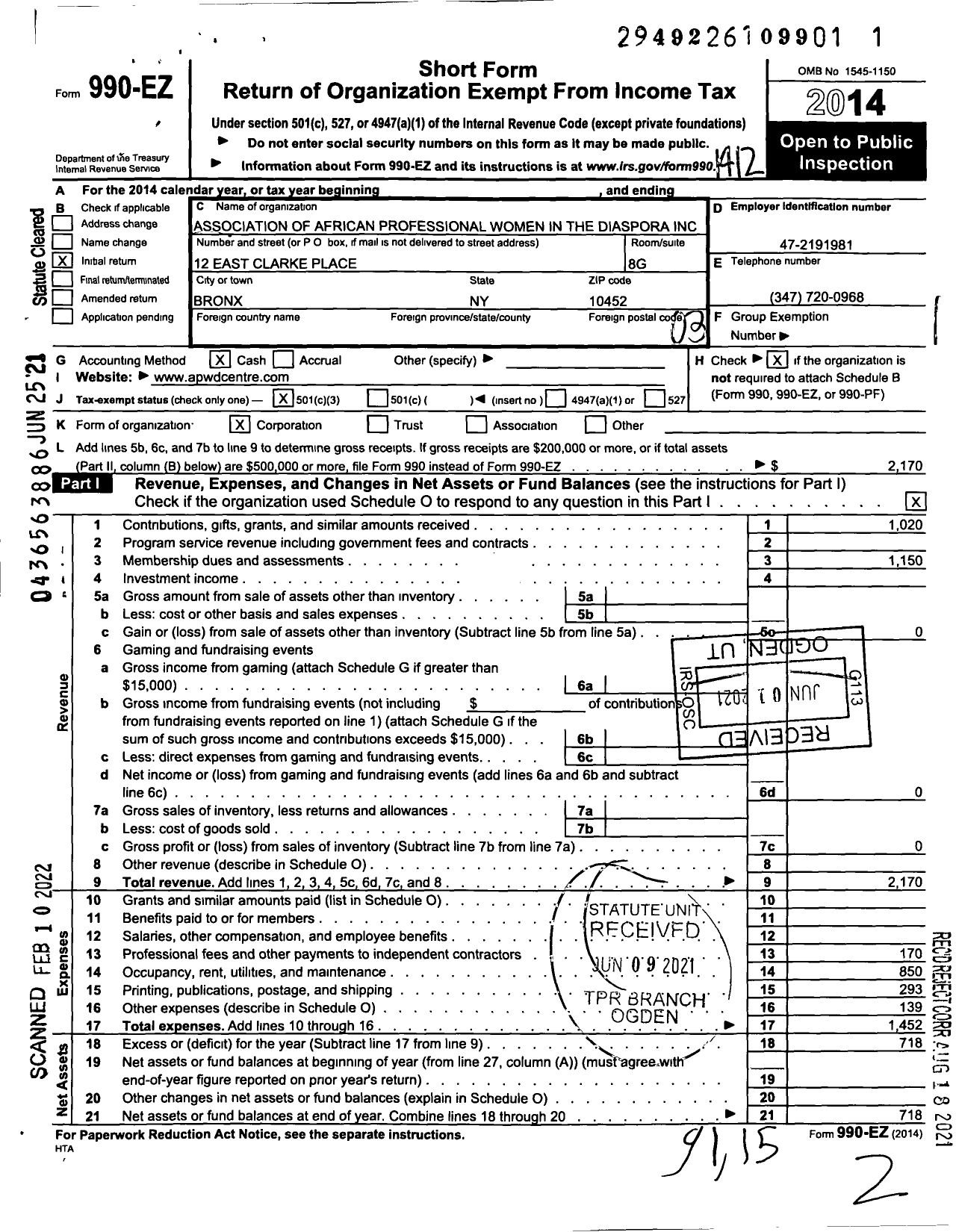 Image of first page of 2014 Form 990EZ for Association of African Professional Women in the Diaspora