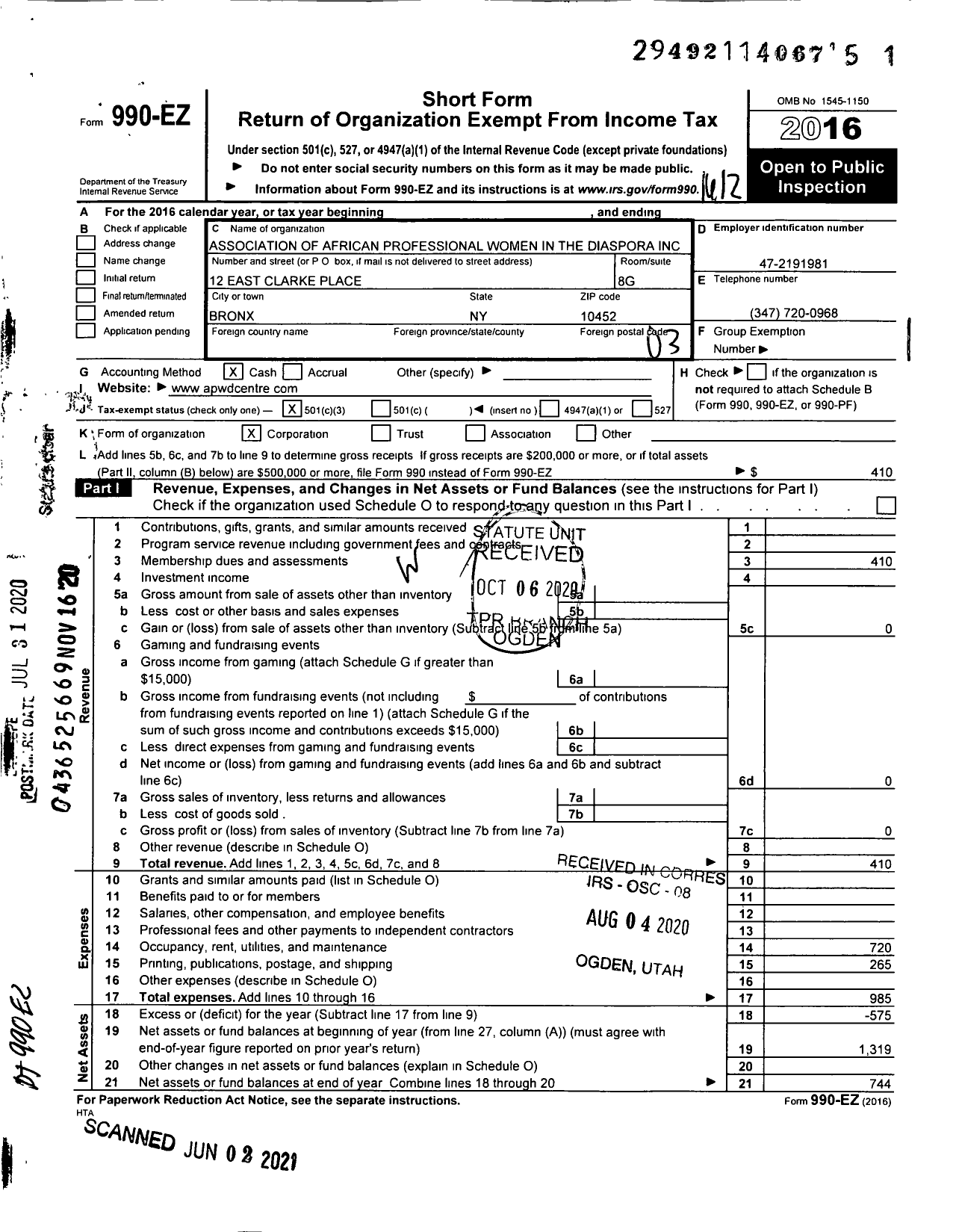 Image of first page of 2016 Form 990EZ for Association of African Professional Women in the Diaspora