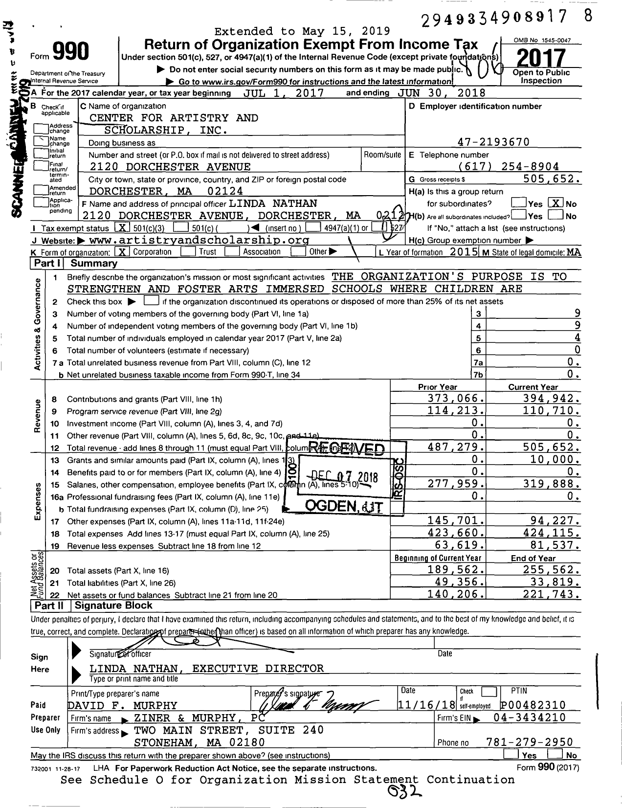 Image of first page of 2017 Form 990 for Center for Artistry and Scholarship