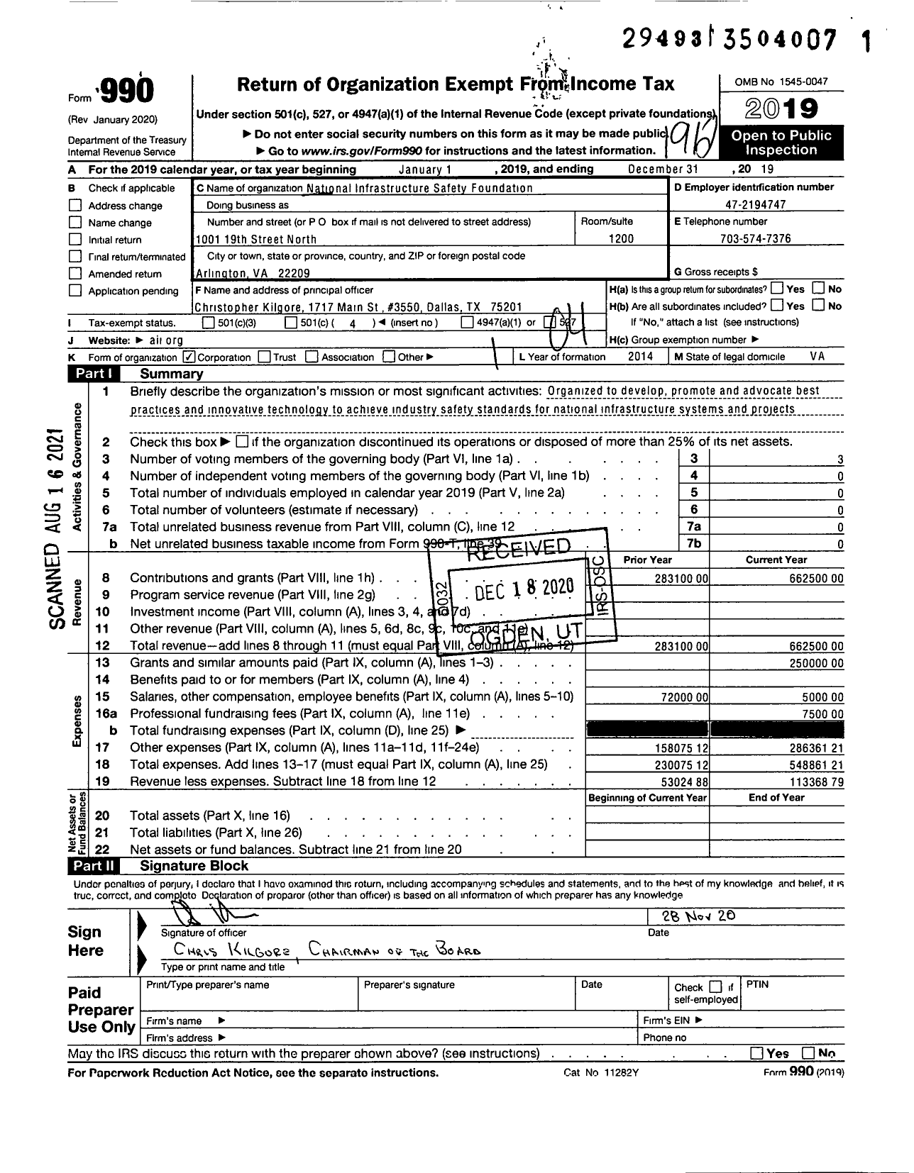 Image of first page of 2019 Form 990O for National Infrastructure Safety Foundation