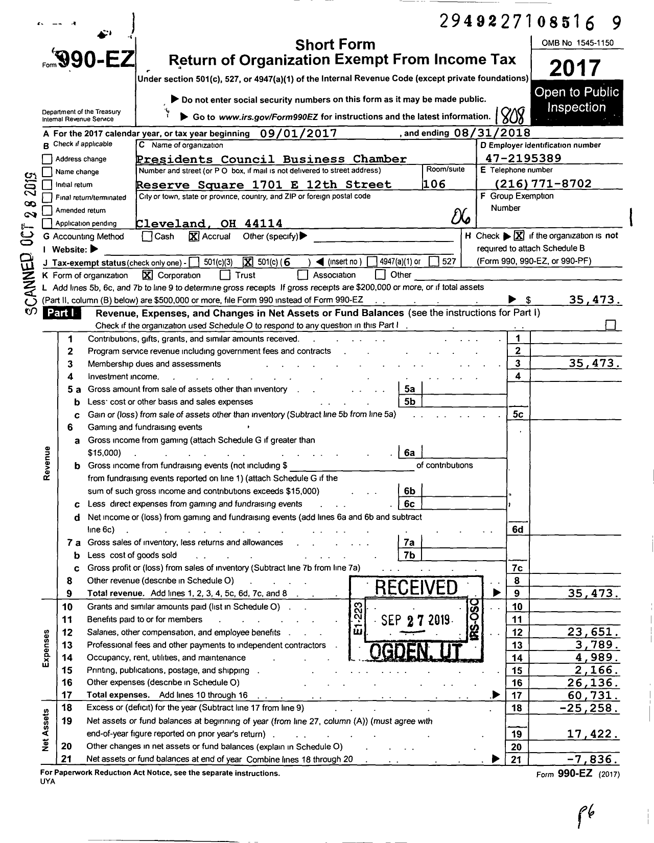 Image of first page of 2017 Form 990EO for Presidents Council Business Chamber