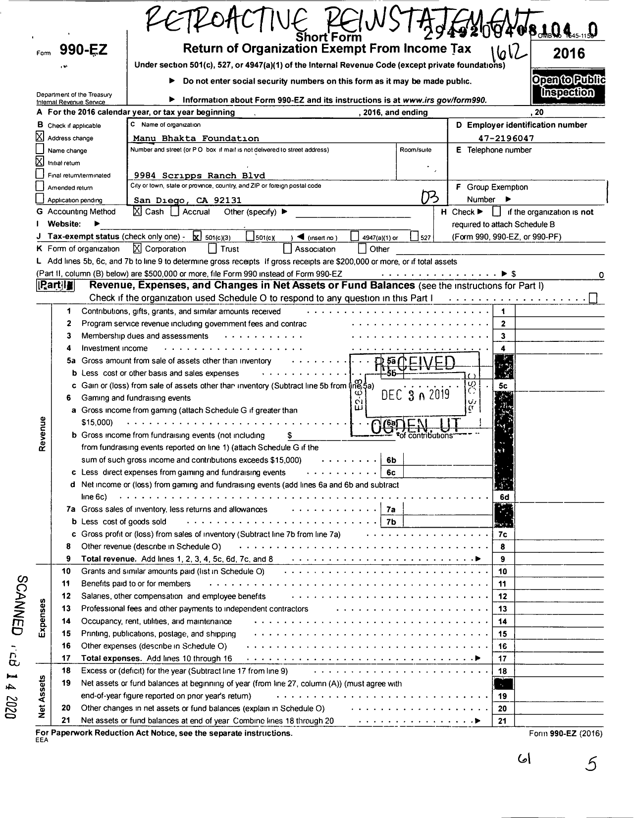 Image of first page of 2016 Form 990EZ for Manu Bhakta Foundation