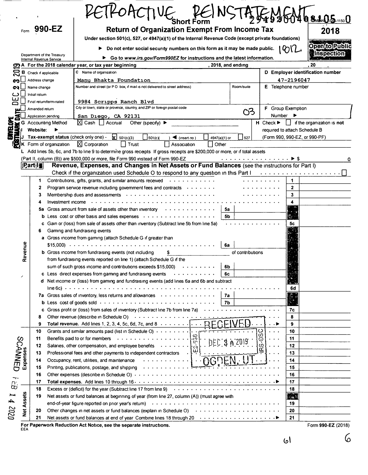 Image of first page of 2018 Form 990EZ for Manu Bhakta Foundation