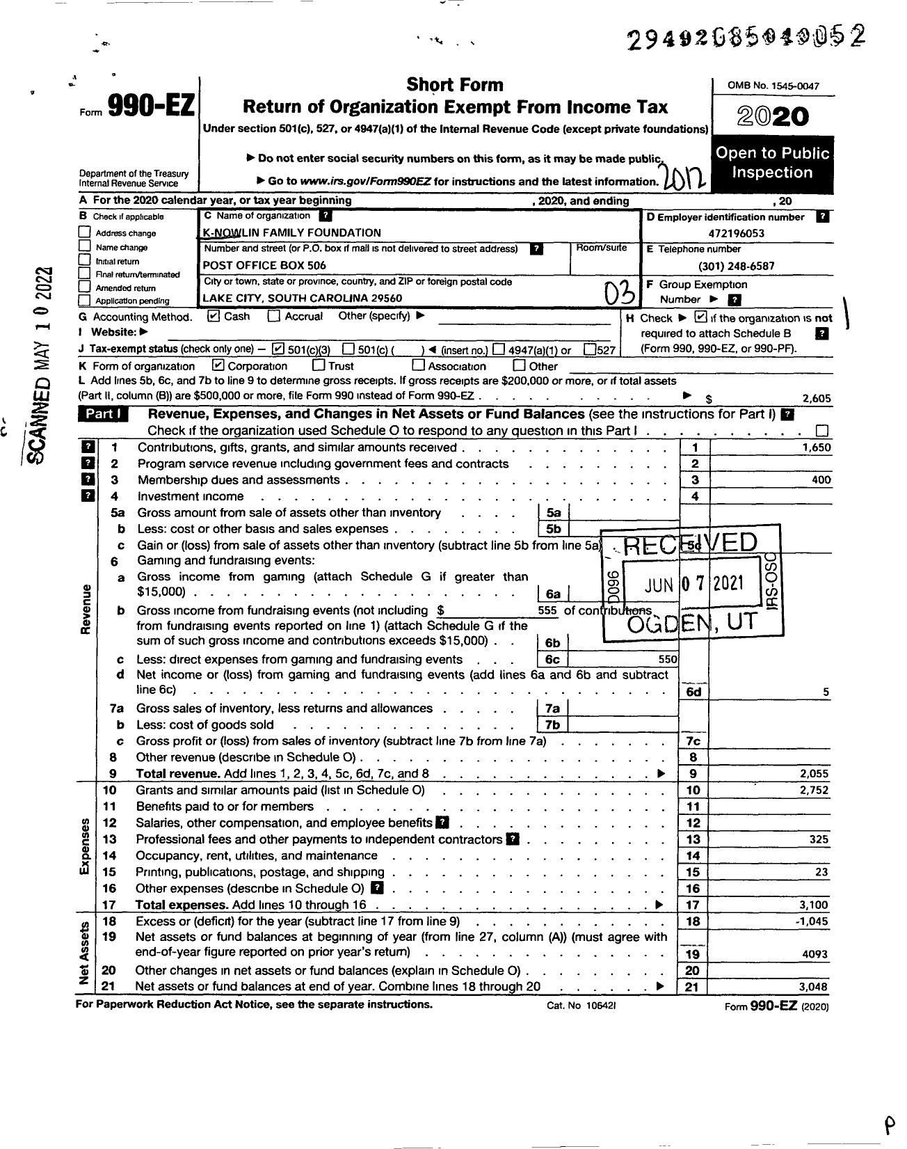 Image of first page of 2020 Form 990EZ for Knowlin Family Foundation