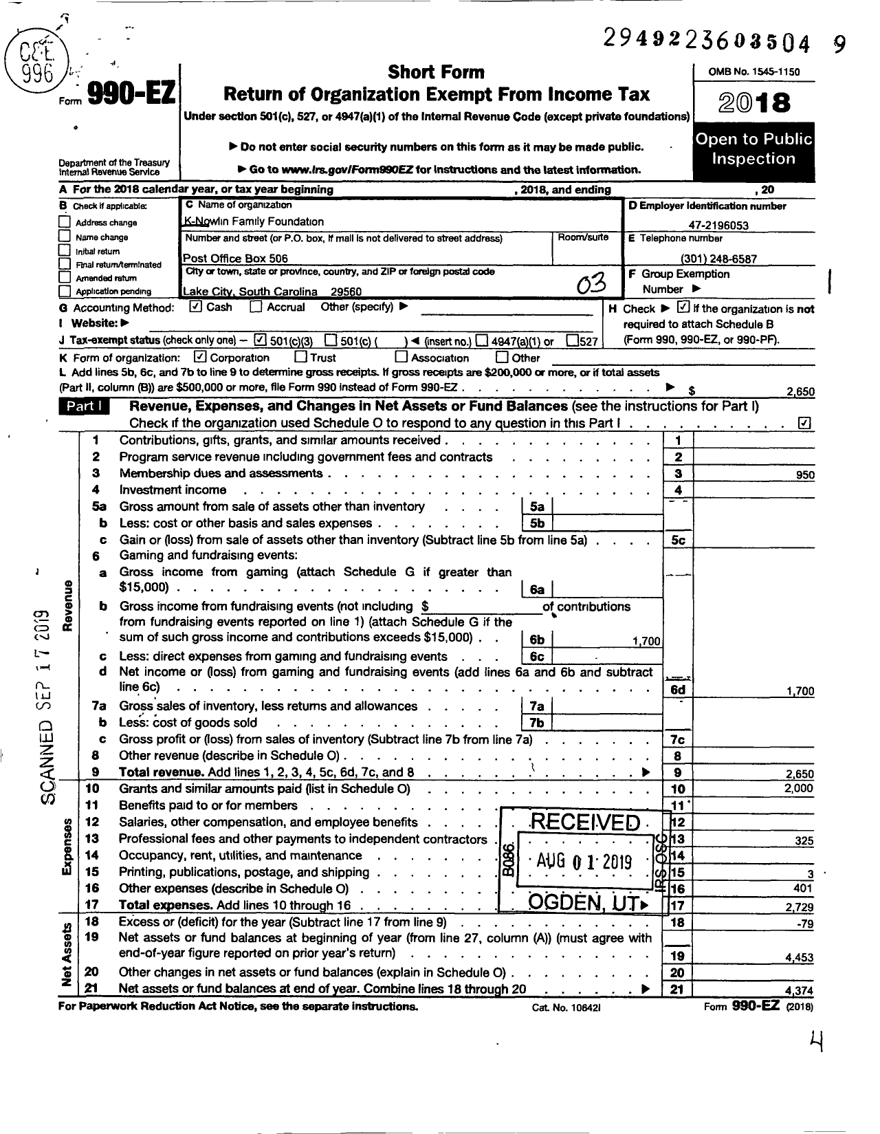 Image of first page of 2018 Form 990EZ for Knowlin Family Foundation
