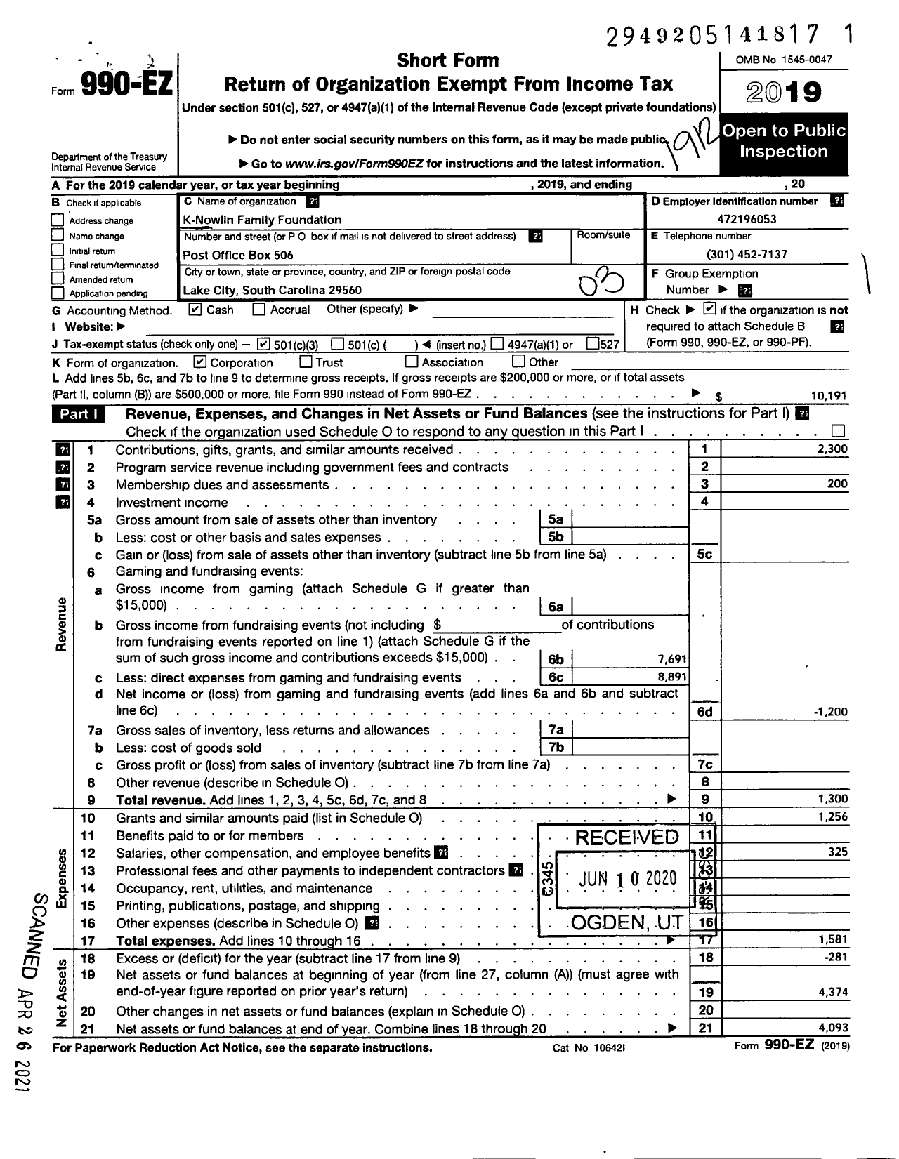 Image of first page of 2019 Form 990EZ for Knowlin Family Foundation