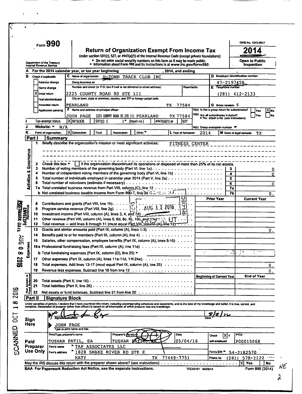 Image of first page of 2014 Form 990 for H-Town Track Club