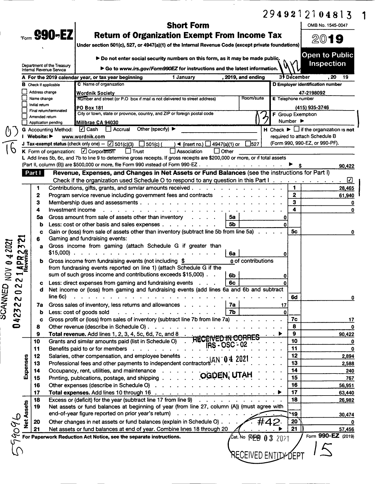 Image of first page of 2019 Form 990EZ for Wordnik Society