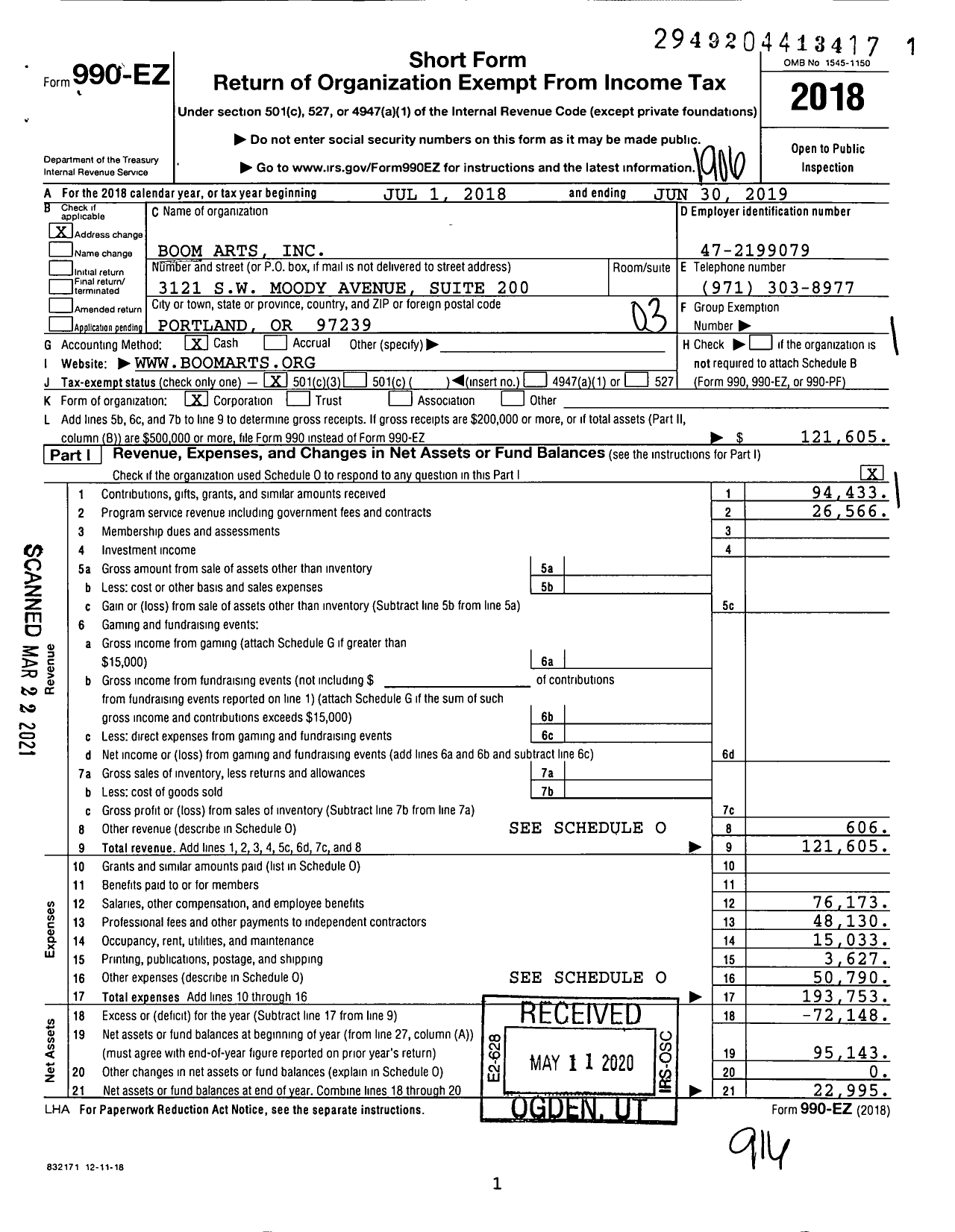 Image of first page of 2018 Form 990EZ for Boom Arts