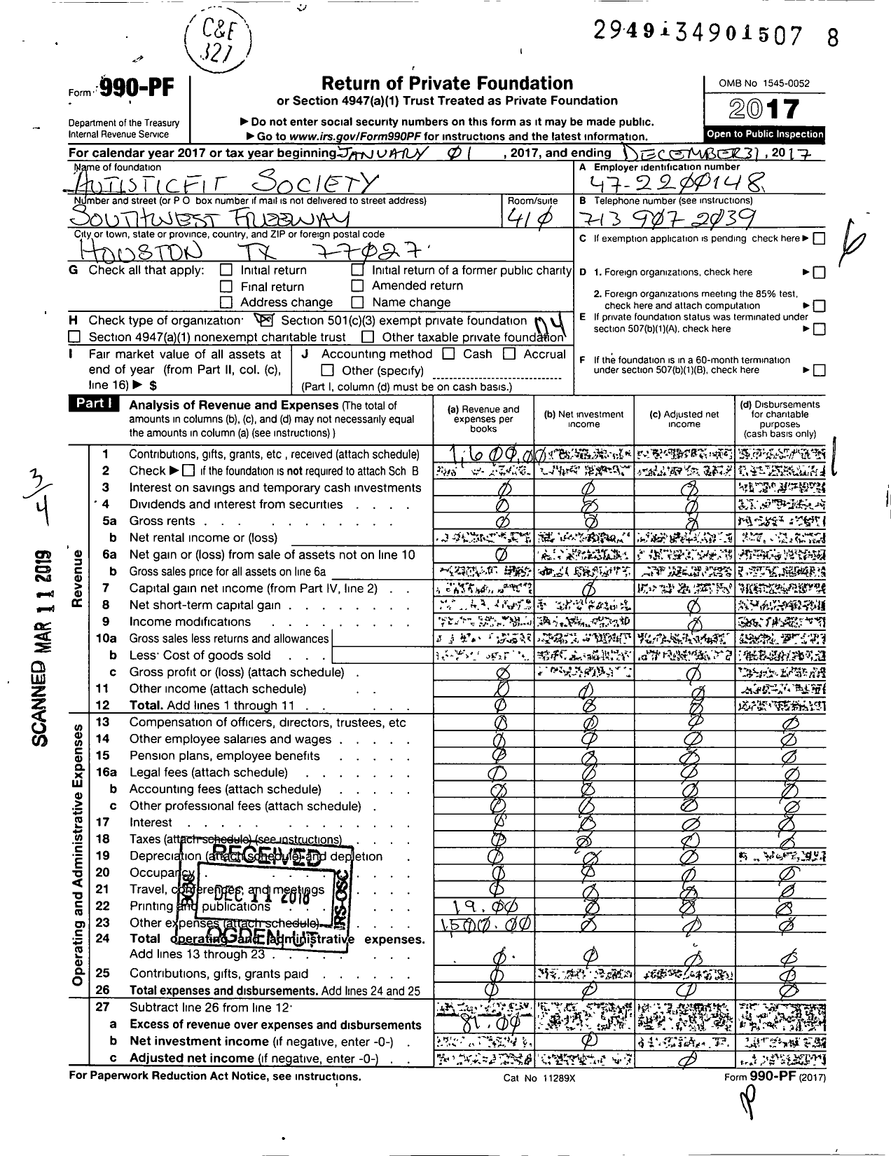 Image of first page of 2017 Form 990PF for Autisticfit Society