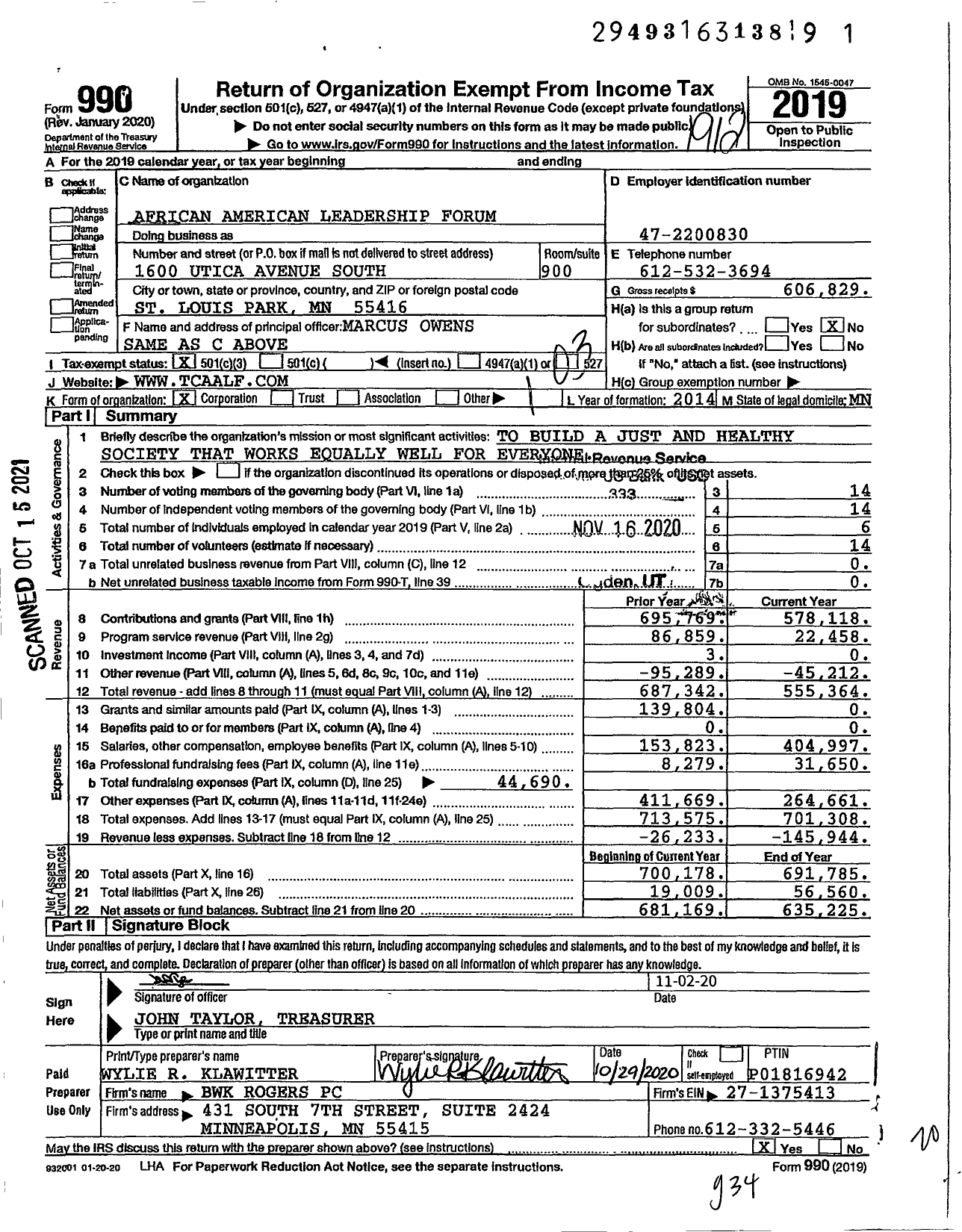 Image of first page of 2019 Form 990 for African American Leadership Forum