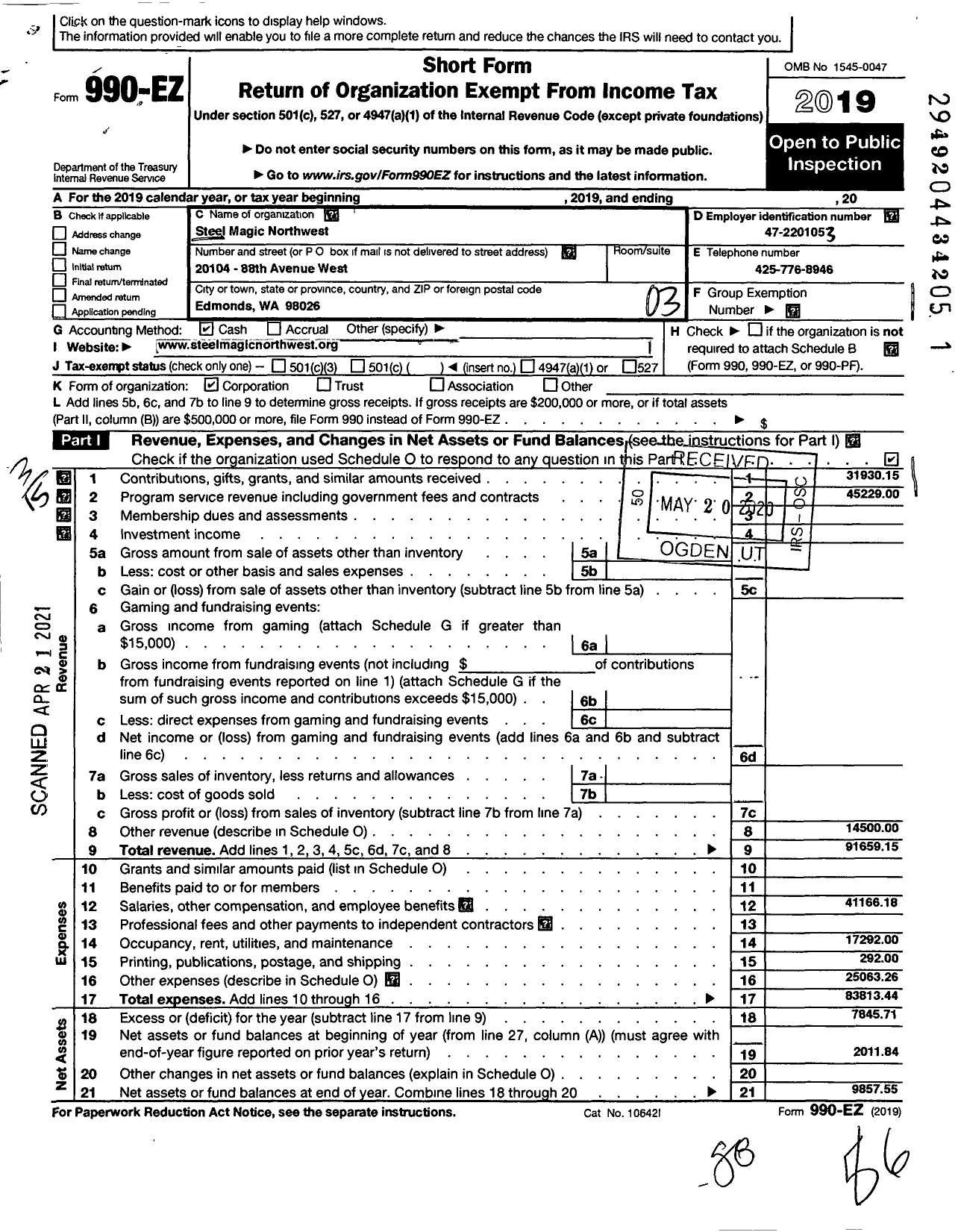 Image of first page of 2019 Form 990EZ for Steel Magic Northwest