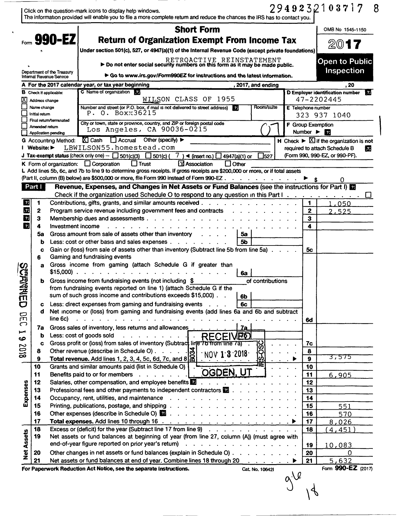 Image of first page of 2017 Form 990EO for Wilson Class of 55