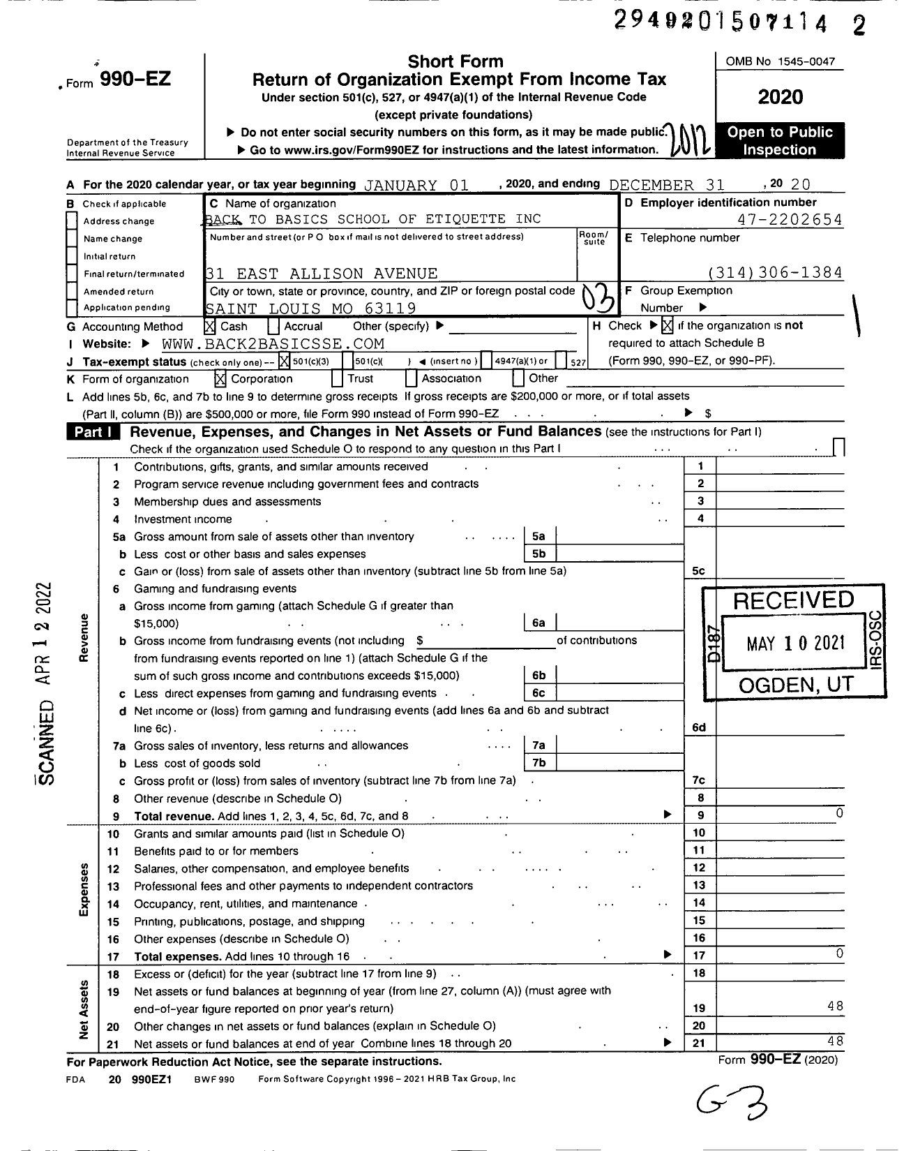 Image of first page of 2020 Form 990EZ for Back To Basics School of Etiquette