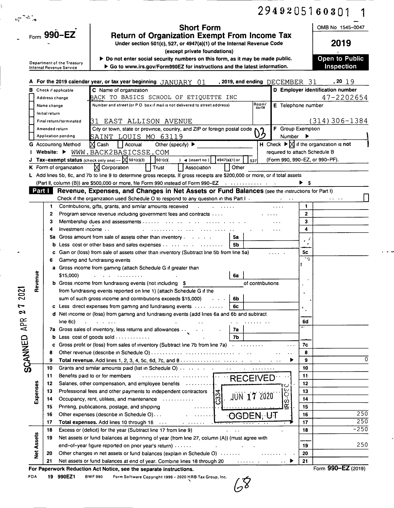 Image of first page of 2019 Form 990EZ for Back To Basics School of Etiquette