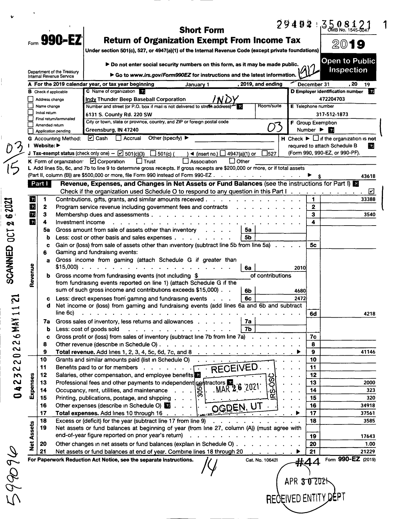 Image of first page of 2019 Form 990EZ for Indy Thunder Beep Baseball