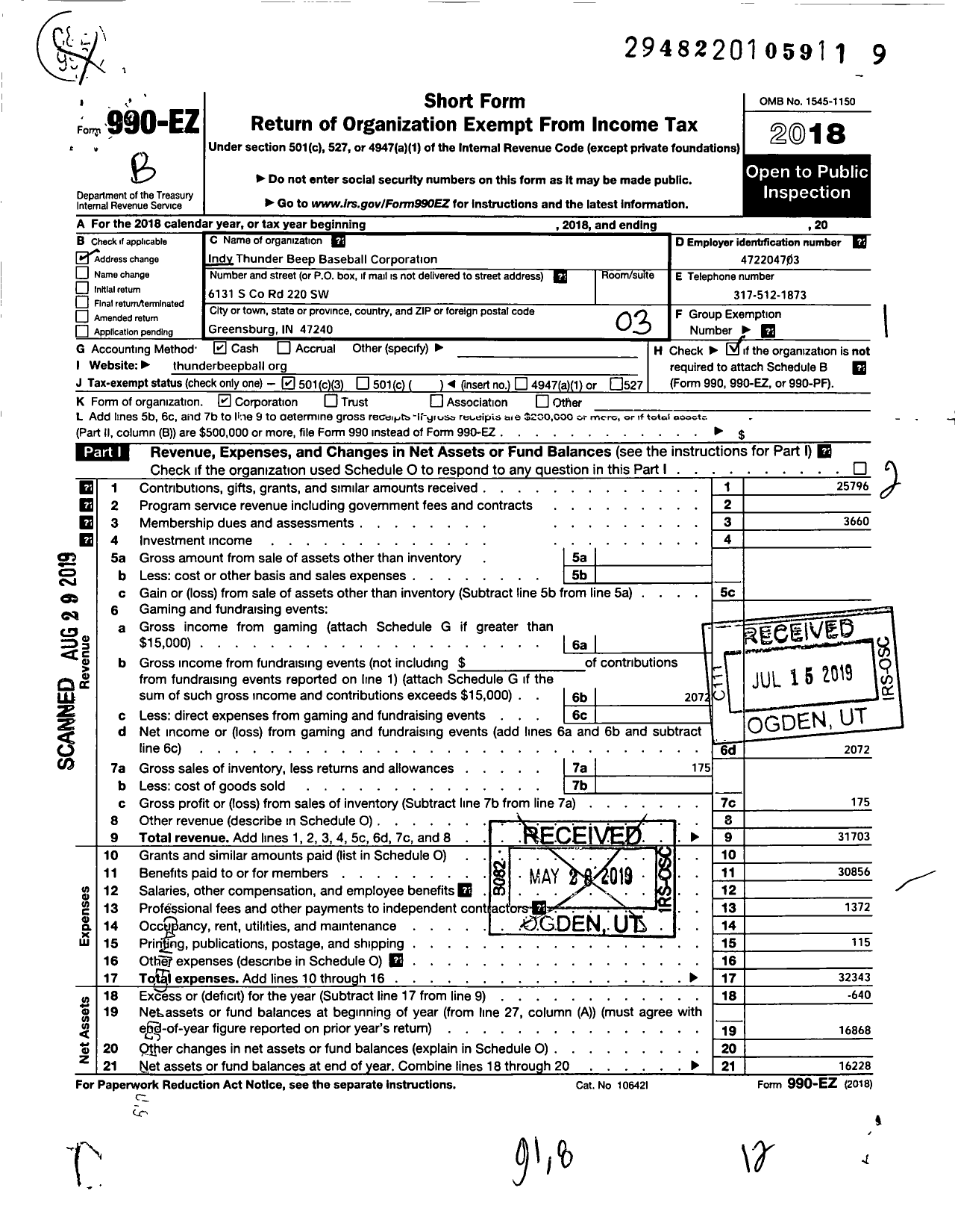 Image of first page of 2018 Form 990EZ for Indy Thunder Beep Baseball