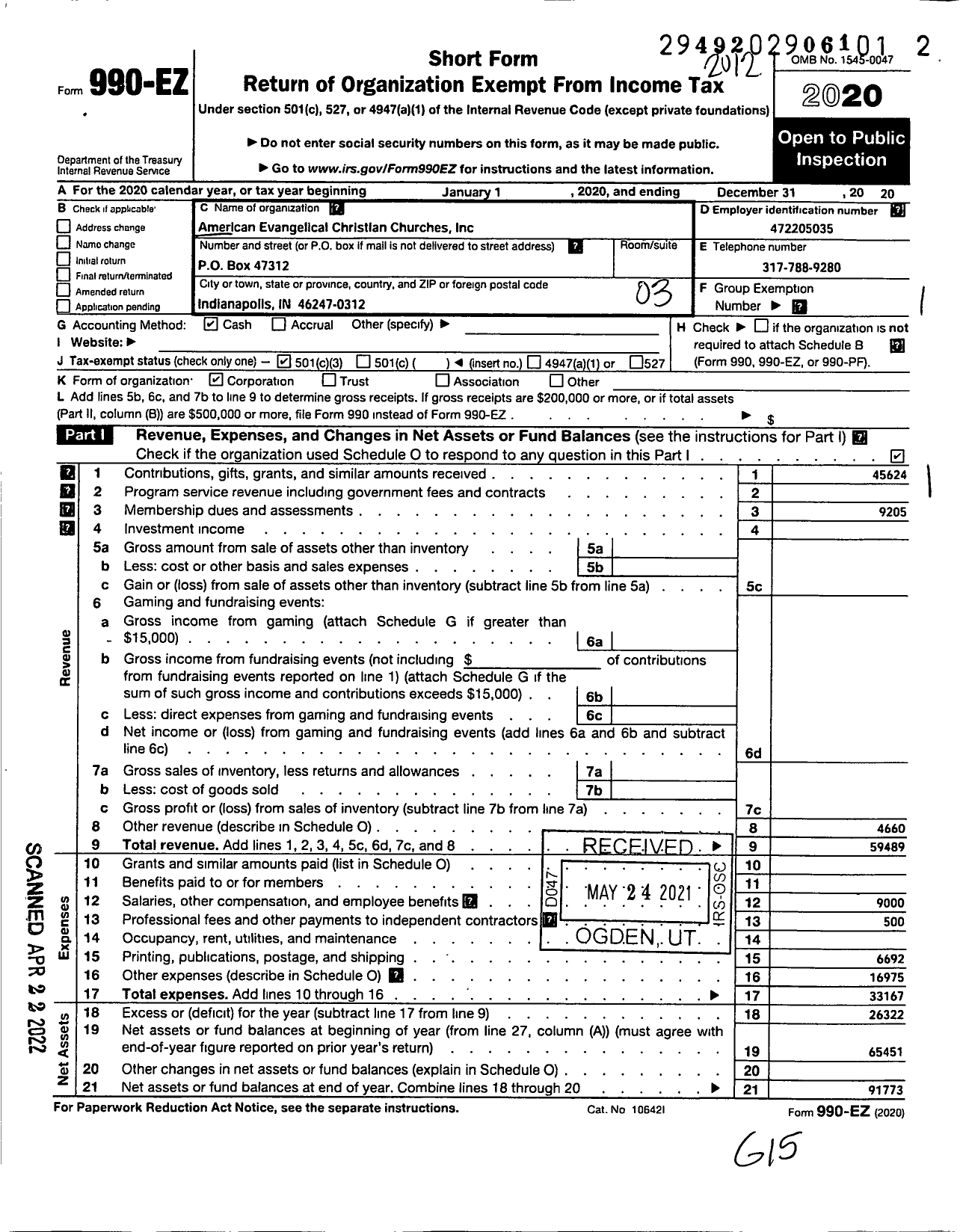 Image of first page of 2020 Form 990EZ for American Evangelical Christian Churches