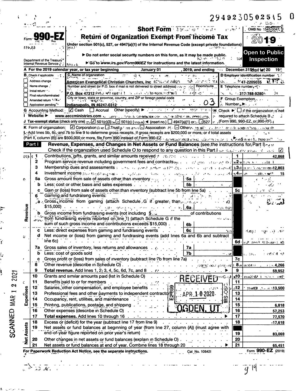 Image of first page of 2019 Form 990EZ for American Evangelical Christian Churches