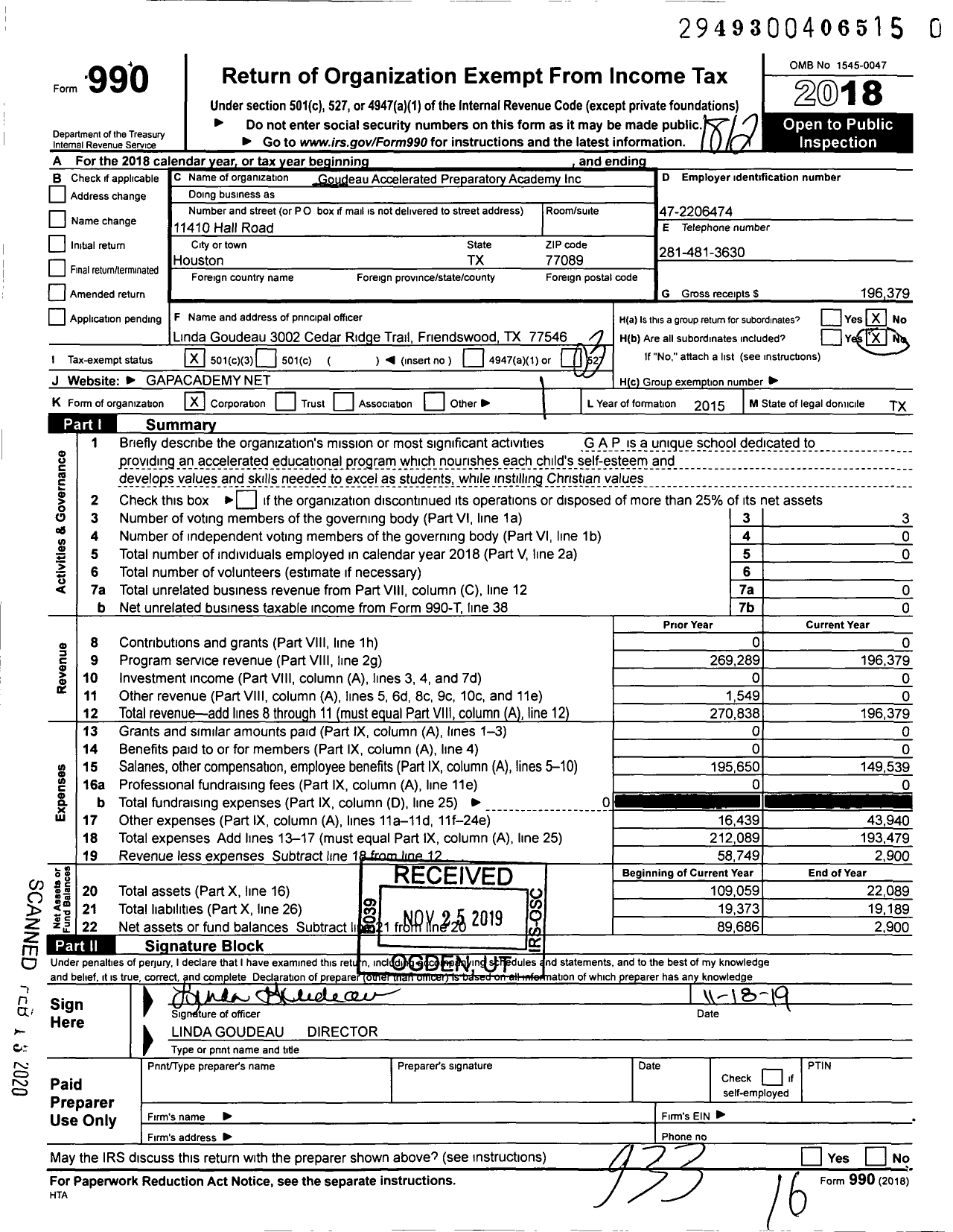 Image of first page of 2018 Form 990 for Goudeau Accelerated Preparatory Academy