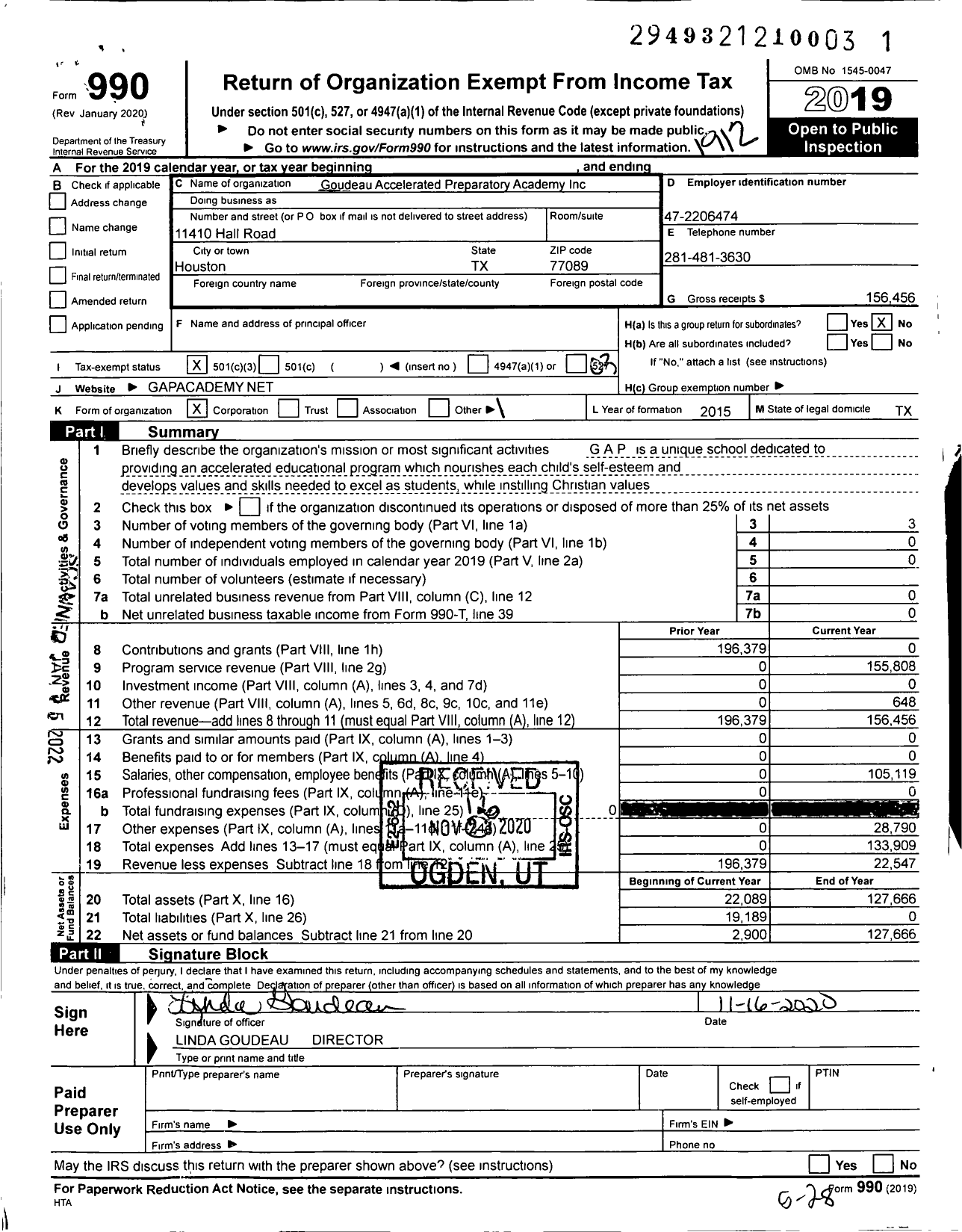 Image of first page of 2019 Form 990 for Goudeau Accelerated Preparatory Academy