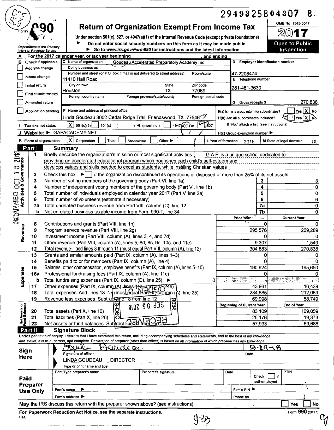 Image of first page of 2017 Form 990 for Goudeau Accelerated Preparatory Academy