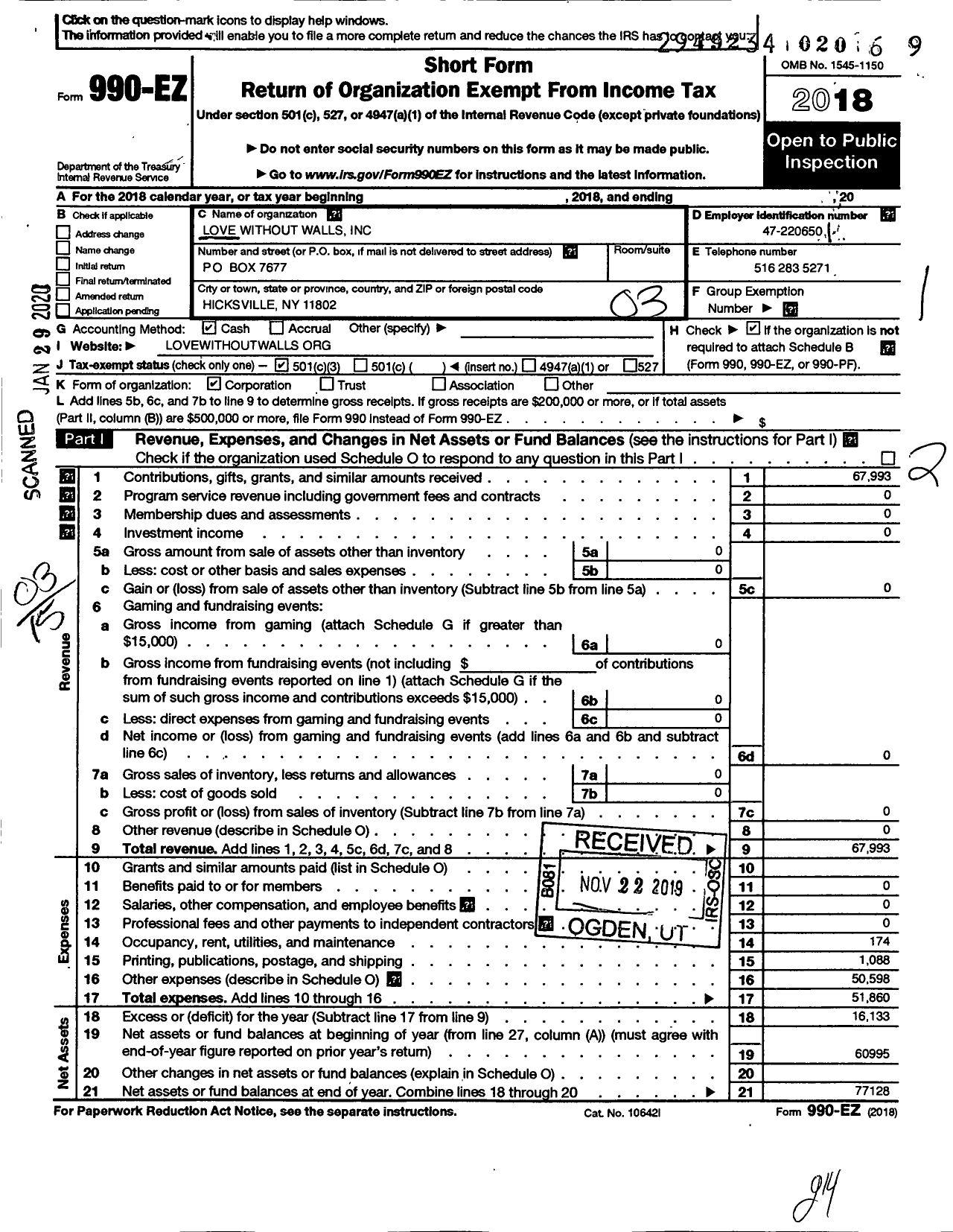 Image of first page of 2018 Form 990EZ for Love Without Walls