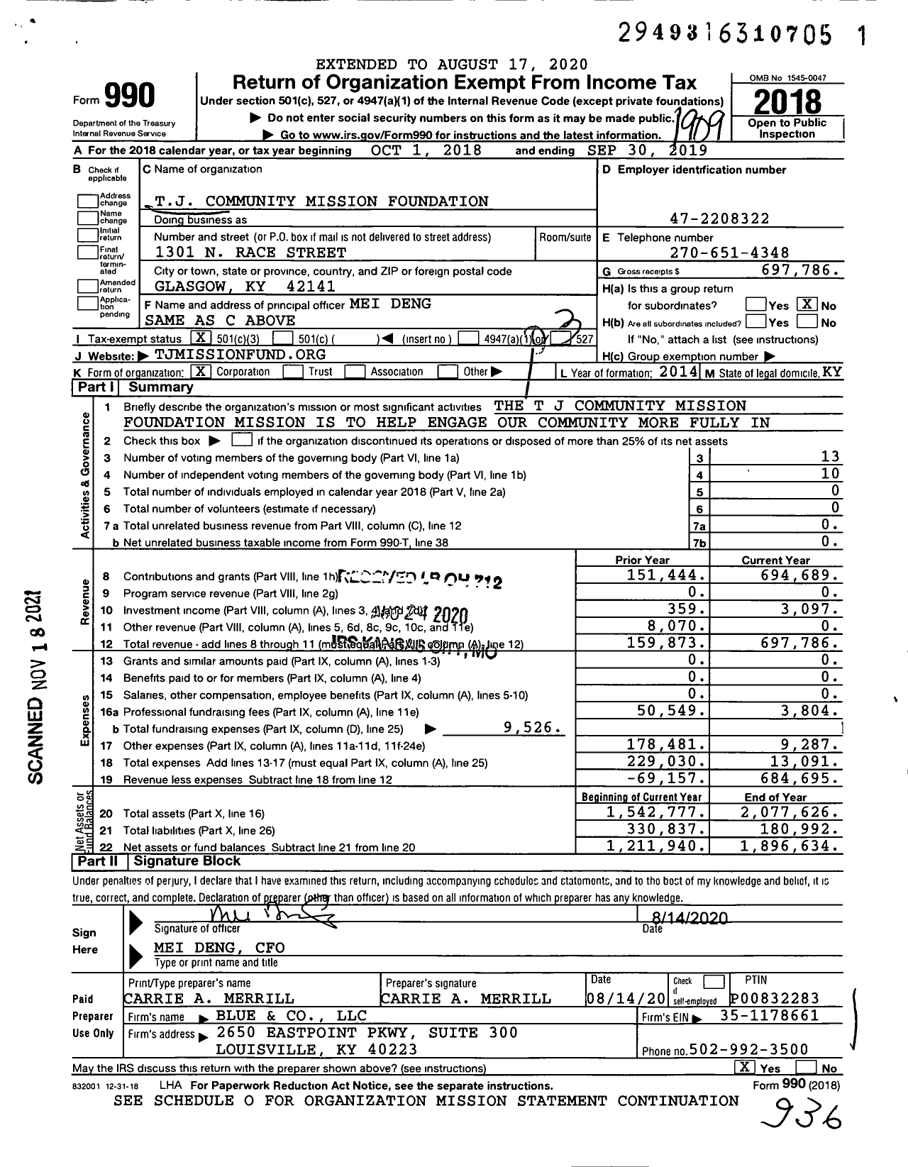 Image of first page of 2018 Form 990 for TJ Community Mission Foundation