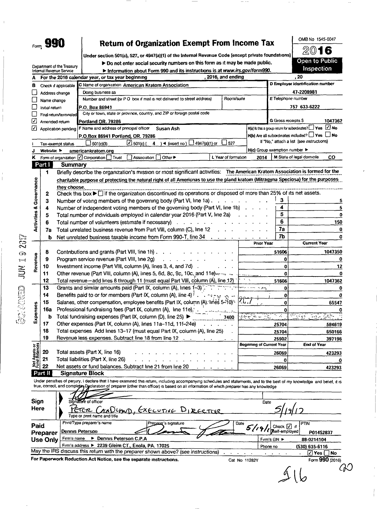 Image of first page of 2016 Form 990O for American Kratom Association