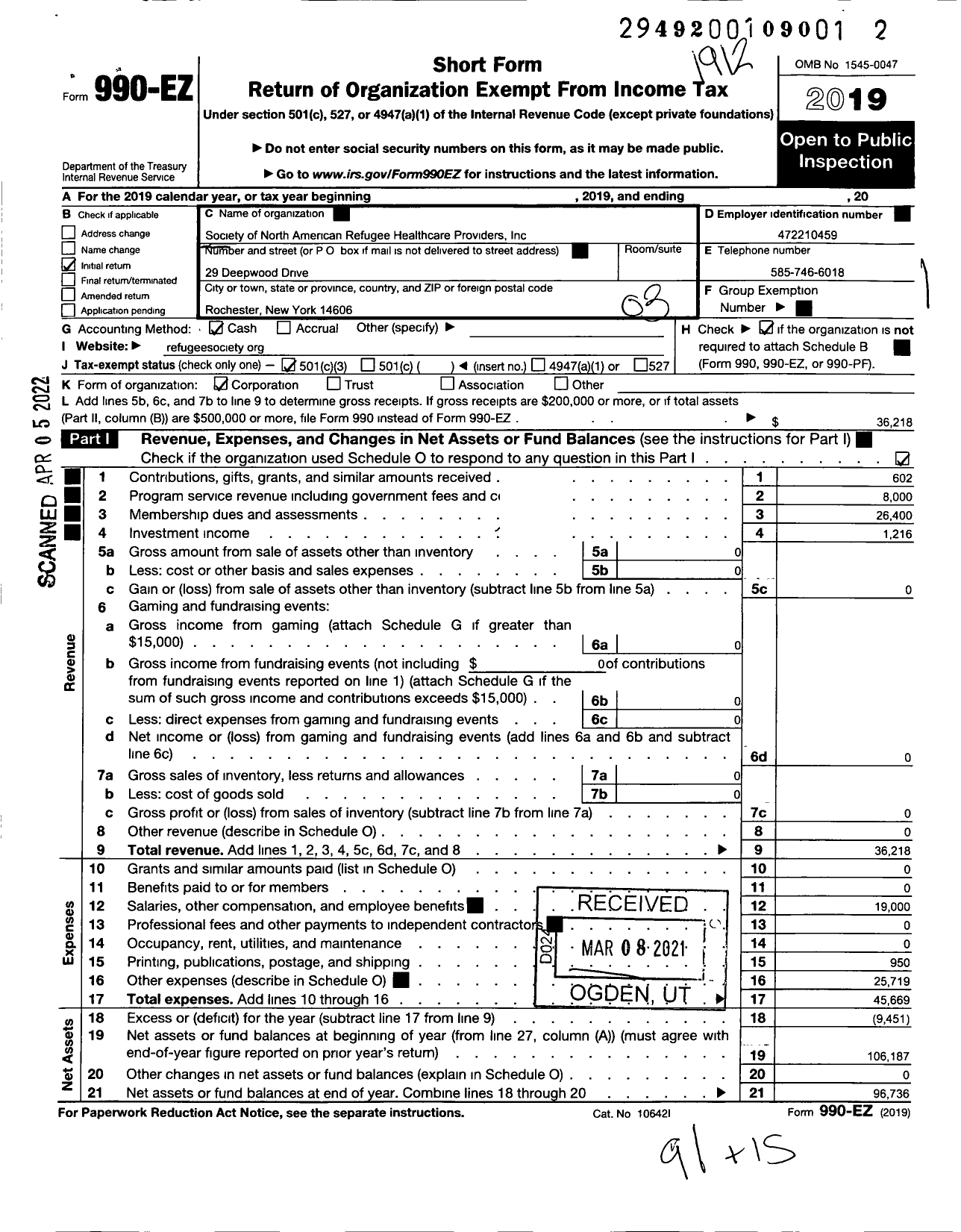 Image of first page of 2019 Form 990EZ for Society of North American Refugee Healthcare Providers