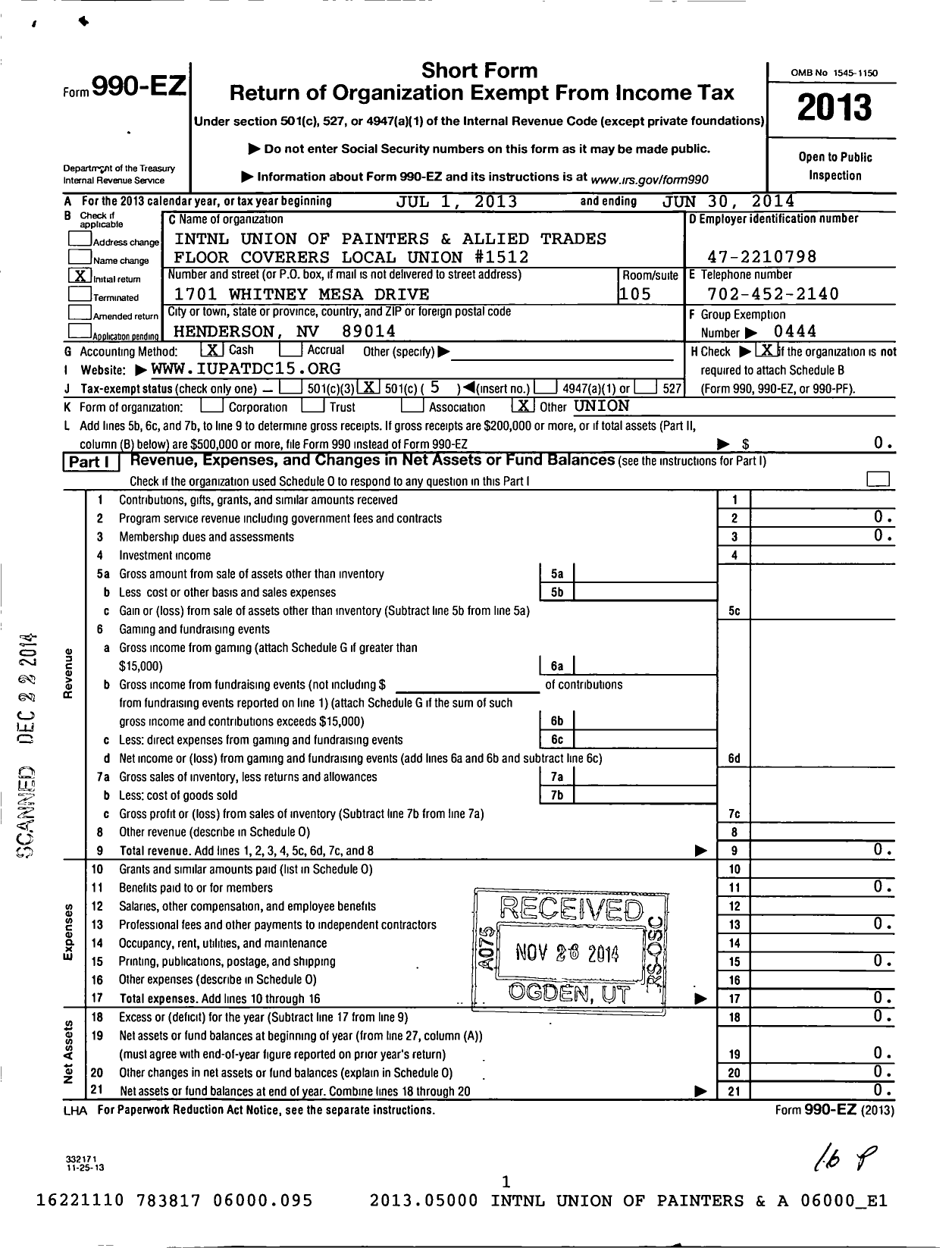 Image of first page of 2013 Form 990EO for International Union of Painters and Allied Trades - 1512 Floor Coverers Local Union