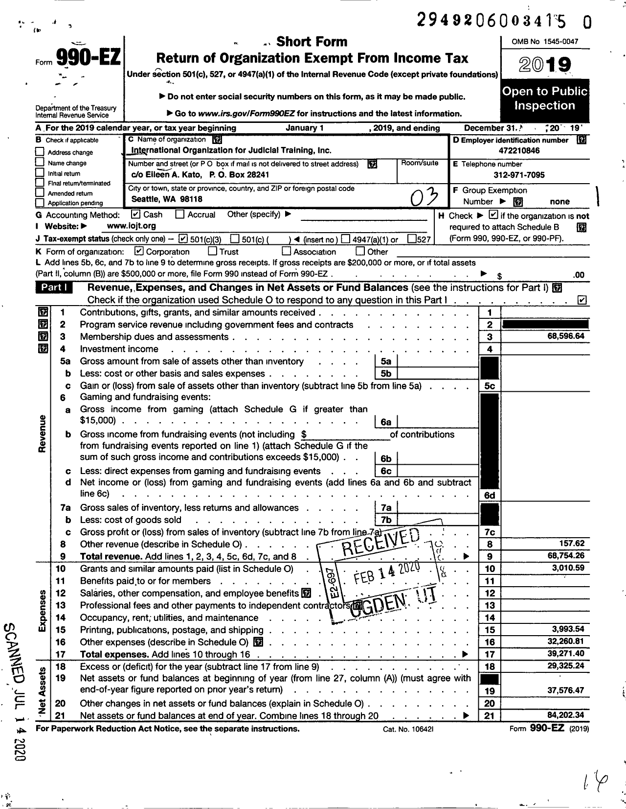 Image of first page of 2019 Form 990EZ for International Organization for Judicial Training