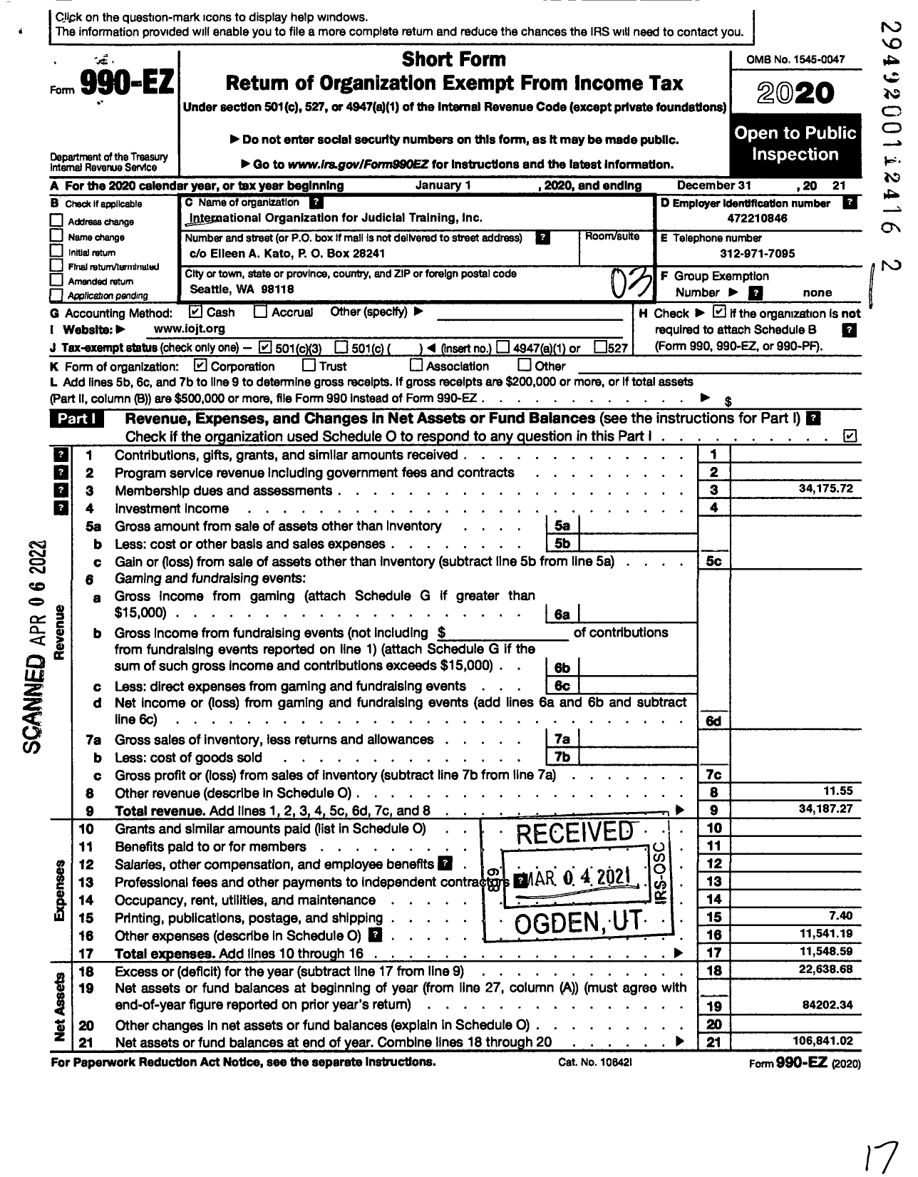 Image of first page of 2020 Form 990EZ for International Organization for Judicial Training