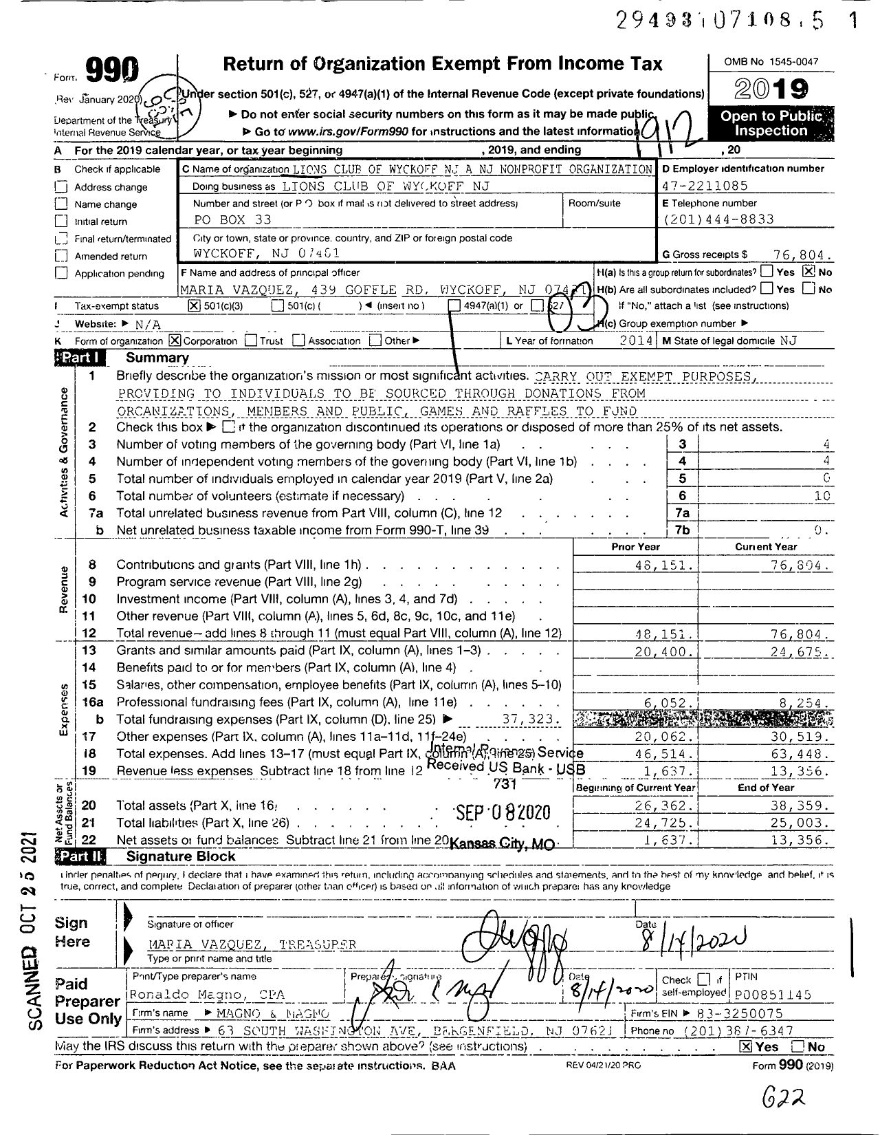 Image of first page of 2019 Form 990 for Lions Club of Wyckoff NJ A NJ Nonprofit Corporation