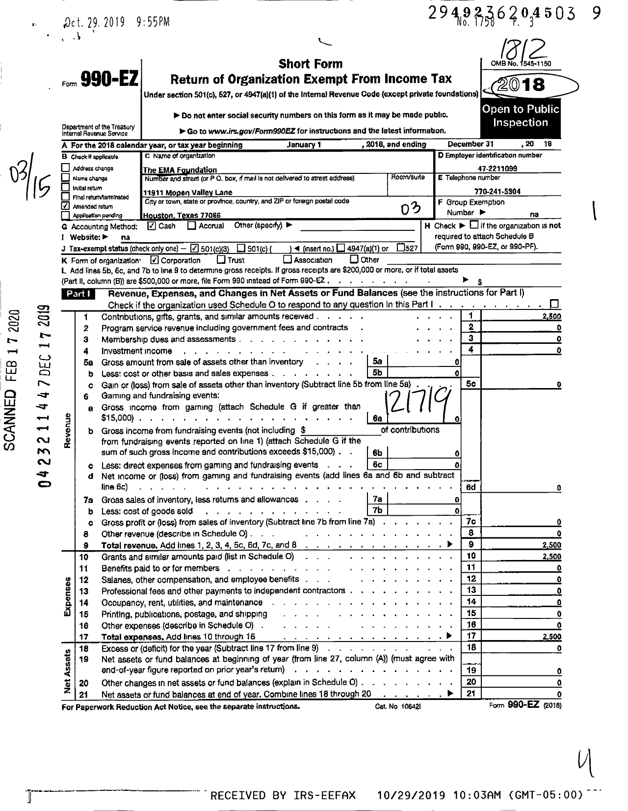 Image of first page of 2018 Form 990EZ for EMA Foundation