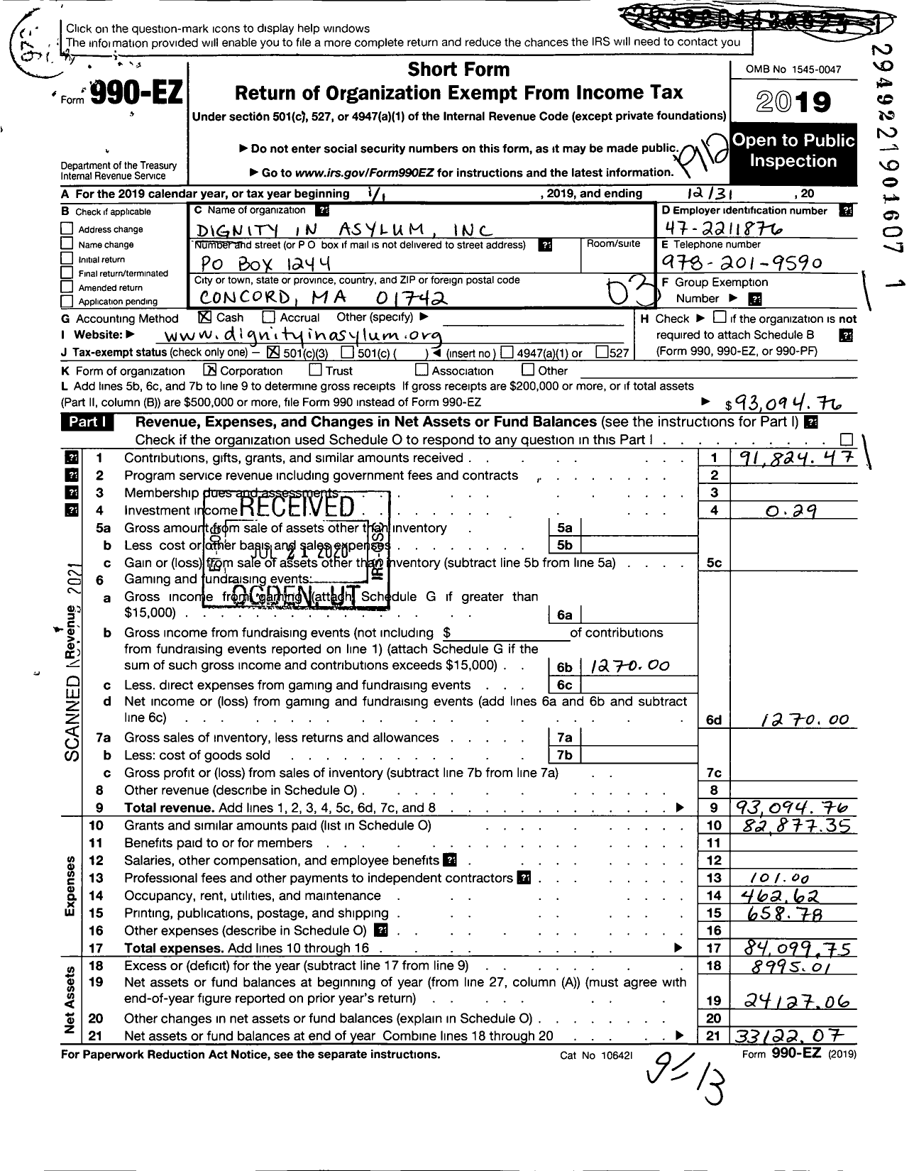 Image of first page of 2019 Form 990EZ for Dignity in Asylum