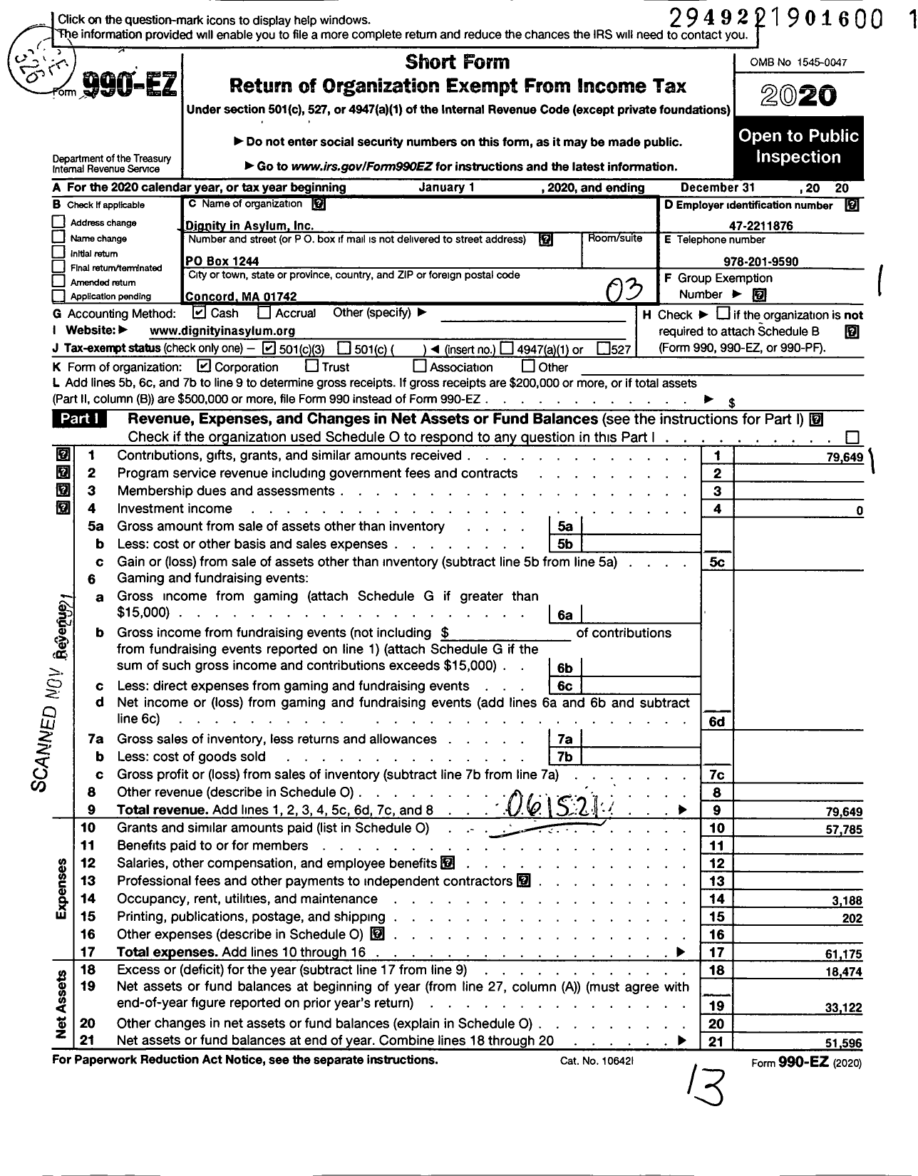 Image of first page of 2020 Form 990EZ for Dignity in Asylum