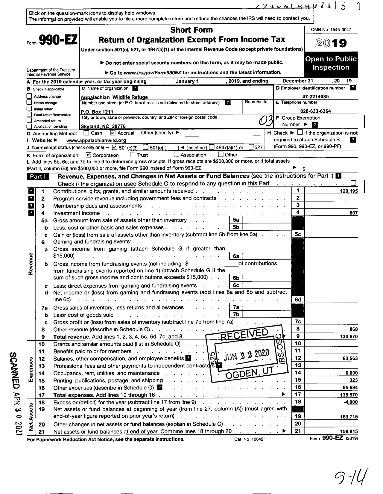 Image of first page of 2019 Form 990EZ for Appalachian Wildlife Refuge