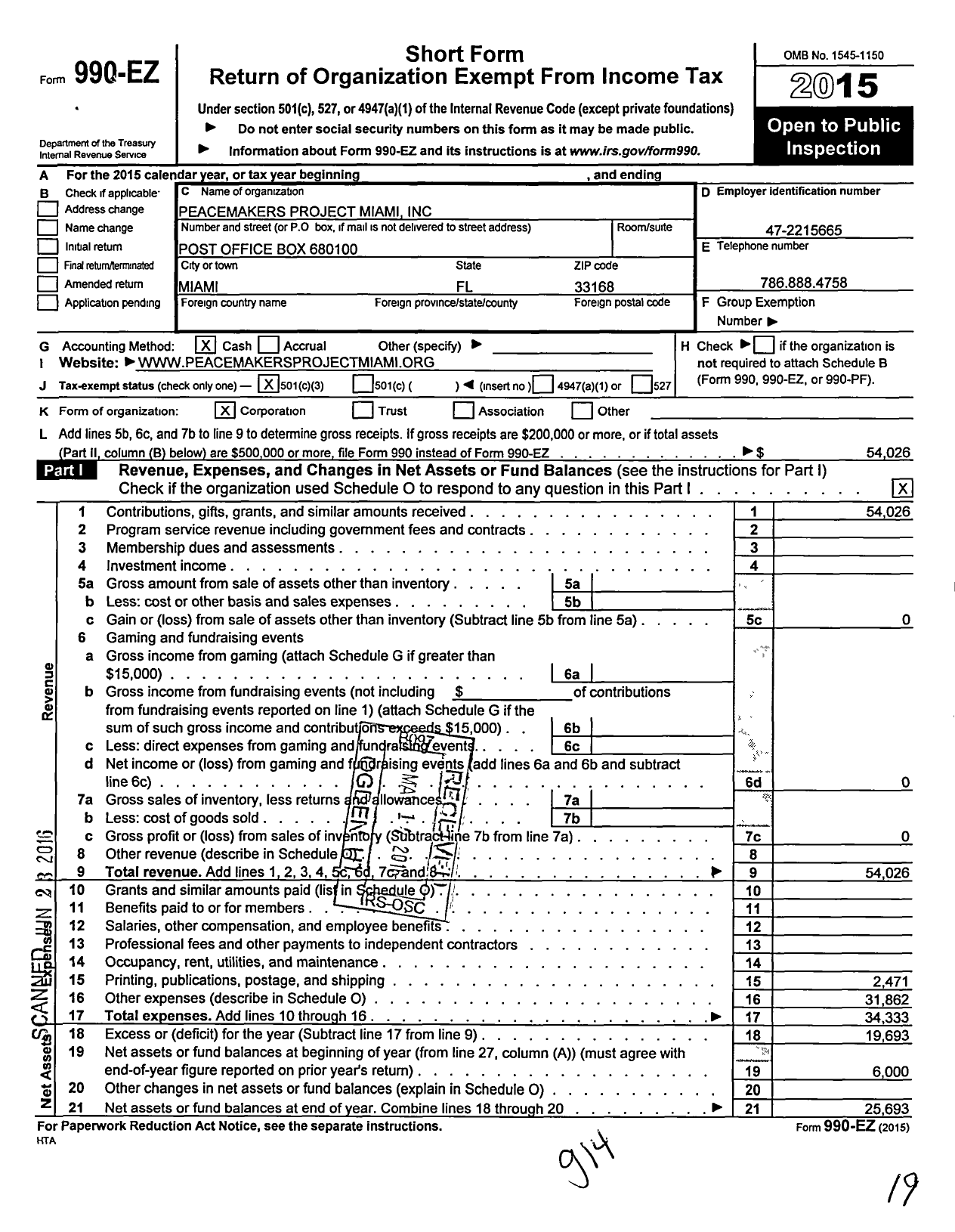 Image of first page of 2015 Form 990EZ for Peacemakers Project Miami