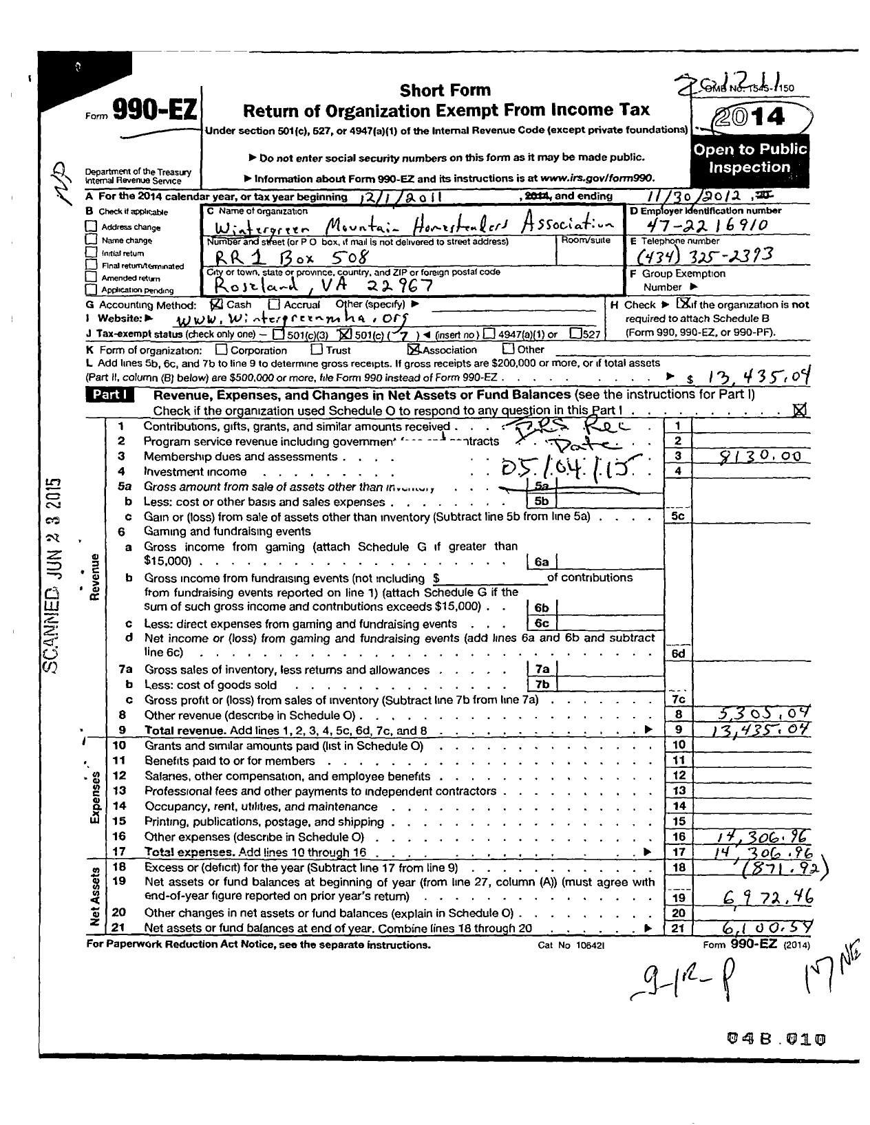 Image of first page of 2011 Form 990EO for Wintergreen Mountain Homesteaders Association