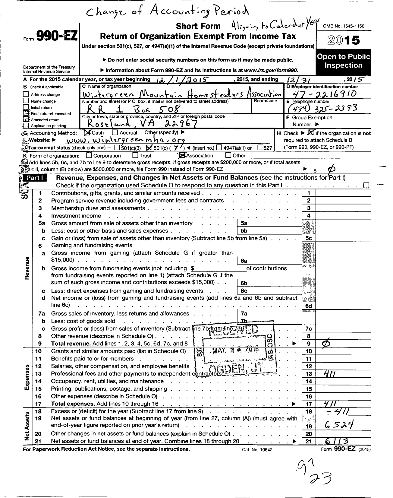 Image of first page of 2015 Form 990EO for Wintergreen Mountain Homesteaders Association