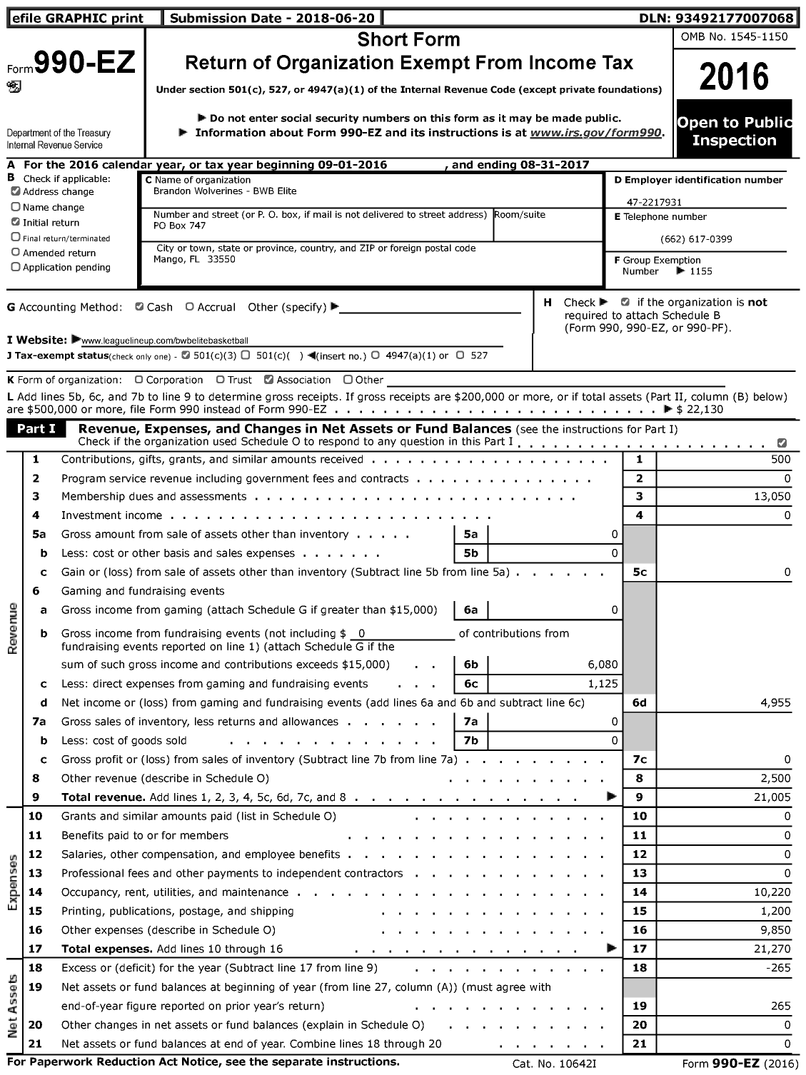 Image of first page of 2016 Form 990EZ for Amateur Athletic Union - BWB Elite